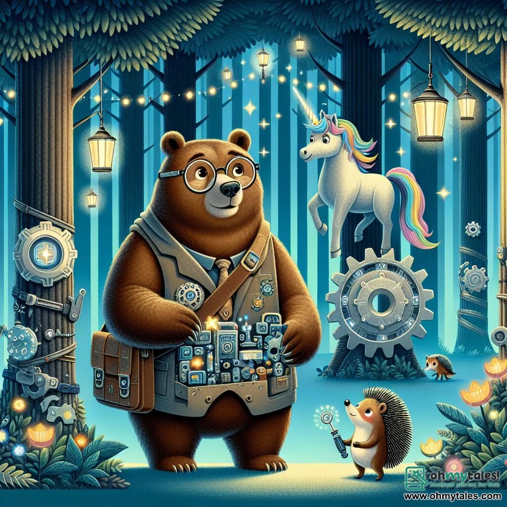 An illustration depicts a large brown bear with round glasses, carrying a small bag full of gadgets. It has a determined and curious expression, standing in the center of a magical glade surrounded by tall trees with metallic trunks and sparkling leaves. Next to it is a beautiful unicorn with an optical fiber mane, looking attentive and hopeful, observing the scene with bright eyes. A small hedgehog with screwdriver-shaped quills stands nearby, focused and ready to contribute to the discussion. The main setting is the Glade of Gadgets, where nature and technology intertwine harmoniously, featuring a large gear at the center, surrounded by luminescent flowers and mechanical creatures. The main situation shows the characters enthusiastically discussing, seeking to balance the magic of the forest with the innovations of the technological city. Additional graphic elements include floating lanterns illuminating the scene, floating holograms representing ideas, and small mechanical creatures moving around them, symbolizing the union of the two worlds.