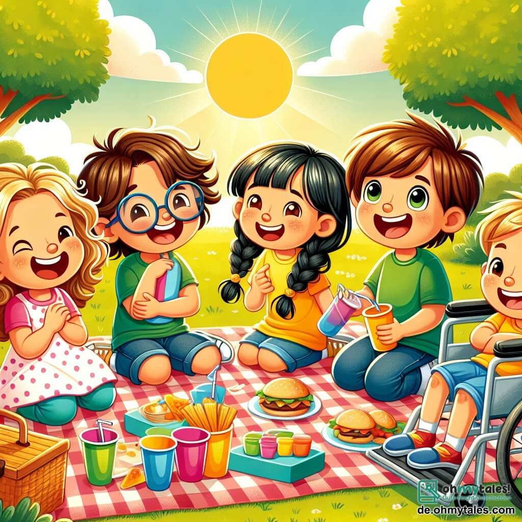 In einem sonnigen Park sind vier Freunde zu einem fröhlichen Picknick versammelt. Mia, ein 8-jähriges Mädchen mit lockigem, blondem Haar in einem rosa Kleid mit weißen Punkten, sitzt auf einer Picknickdecke und lacht. Tim, ein 9-jähriger Junge mit runden Brillen und unordentlichen braunen Haaren, steht und schenkt Saft in bunte Plastikbecher ein. Lisa, ein 7-jähriges Mädchen mit langen, geflochtenen schwarzen Haaren in einer gelben Bluse und einer Jeansshorts, liegt auf dem Bauch und erzählt aufgeregt eine Geschichte. Max, ein 8-jähriger Junge im Rollstuhl mit braunen Haaren, trägt ein blaues T-Shirt und rote Turnschuhe und sitzt neben der Decke, bereit für ein Spiel. Der Park ist voller großer grüner Bäume, bunter Blumen und einem klaren blauen Himmel mit ein paar weißen Wolken. In der Mitte dieser fröhlichen Szene nähert sich ein neugieriger kleiner Igel der Decke, angezogen von den Keksen, während die Freunde zusammen lachen und bereit sind, ihr Picknick zu teilen und lustige Abenteuer zu erleben.