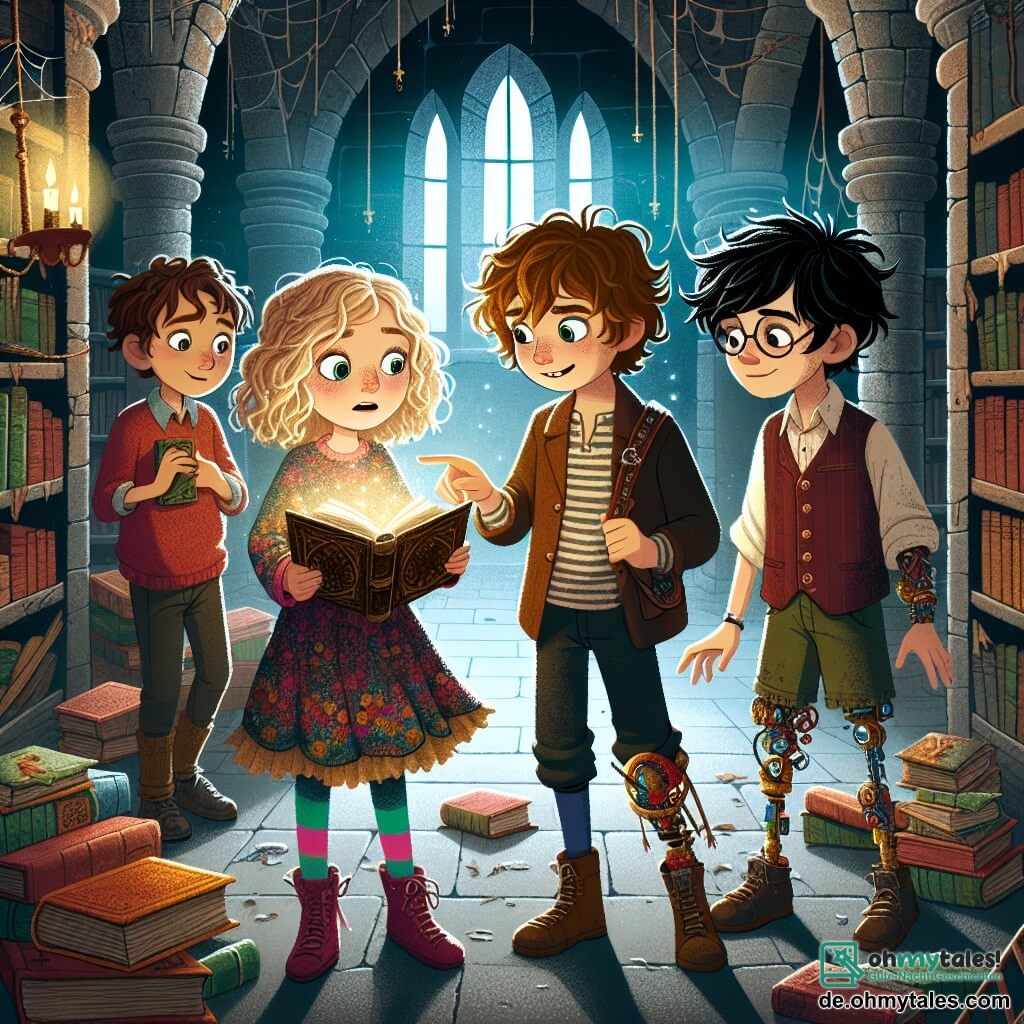 In einer alten Stebibliothek stehen vier Freunde in der Mitte des Raumes. Clara, ein 10-jähriges Mädchen mit lockigem, blondem Haar, trägt ein buntes Kleid und schaut staunend auf ein altes Buch, das sie in den Händen hält. Rechts von ihr zeigt Emil, ein 11-jähriger Junge mit Brille und zerzausten braunen Haaren, mit leuchtenden Augen auf eine Seite des Buches. Links lächelt Leni, ein 10-jähriges Mädchen mit einem bunten Beinprothese, entschlossen und bereit für ein Abenteuer. Schließlich steht Jonas, ein 11-jähriger Junge mit schwarzen Haaren und einem skeptischen Blick, mit verschränkten Armen und einem leichten Lächeln neben einem Regal voller staubiger Bücher. Die Bibliothek ist dunkel und geheimnisvoll, mit großen Holzregalen voller alter Bücher, Spinnweben in den Ecken und Lichtstrahlen, die durch bunte Glasfenster filtern und eine magische Atmosphäre schaffen. In der Mitte der Illustration schwebt ein kleines, feenhaftes Wesen, Fizz, ein Wichtel mit glitzernden Flügeln, fröhlich über dem Buch und bereit, ein Geheimnis zu enthüllen. Die Freunde stehen kurz davor, eine magische Welt zu entdecken, die in den Seiten des Buches verborgen ist, während ein geheimnisvoller Luftzug die Blätter um sie herum tanzen lässt.