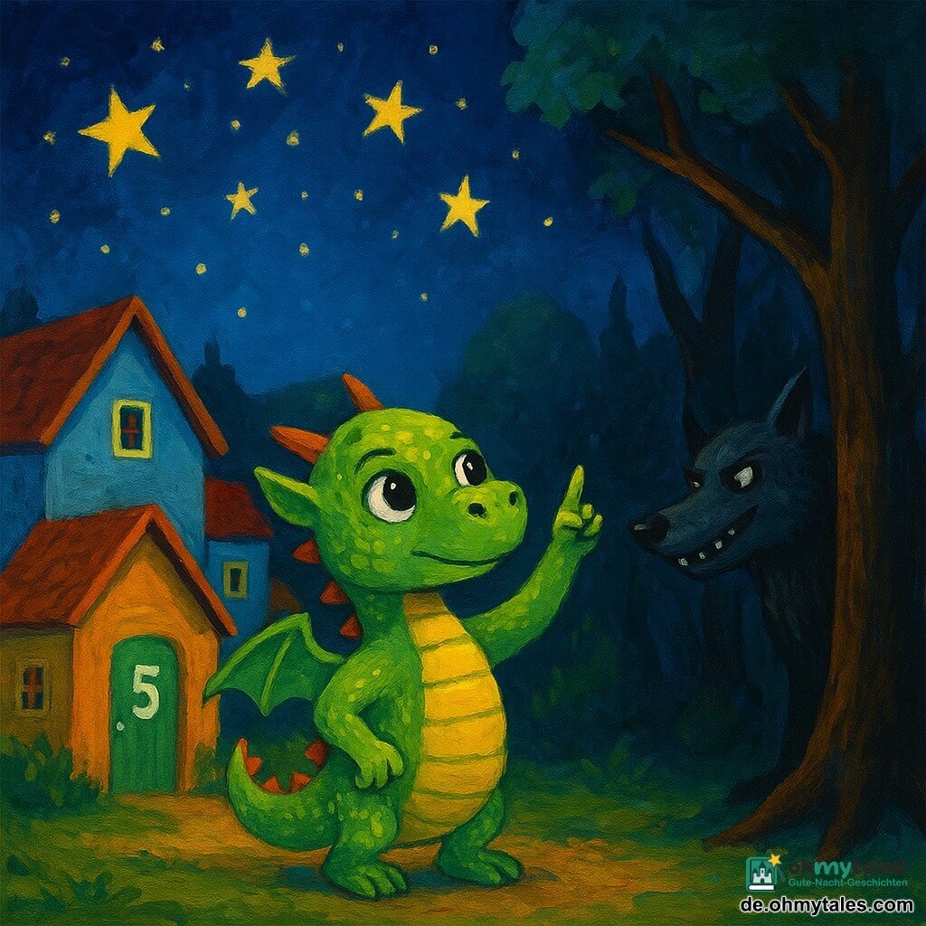 Ein kleiner Drache namens Funke, mit glänzenden Schuppen und neugierigen Augen, steht vor einer Holztür mit der Nummer fünf. Er wirkt entschlossen und mutig, während er die Sterne am Nachthimmel zählt. Neben ihm beobachtet ein großer böser Wolf mit dunklem Fell und schlauen Augen aus dem Schatten der Bäume heraus, mit einem schelmischen Lächeln. Die Szenerie ist ein malerisches Dorf mit bunten Häusern, jede Tür zeigt eine eigene Nummer. Die Szene spielt am Rand eines alten Waldes, wo die Bäume Geheimnisse zu flüstern scheinen. Die Hauptsituation zeigt Funke, der das Dorf schützt, indem er die Sterne zählt, was die Stärke von Versprechen und Freundschaft angesichts der Lügen des Wolfs symbolisiert.