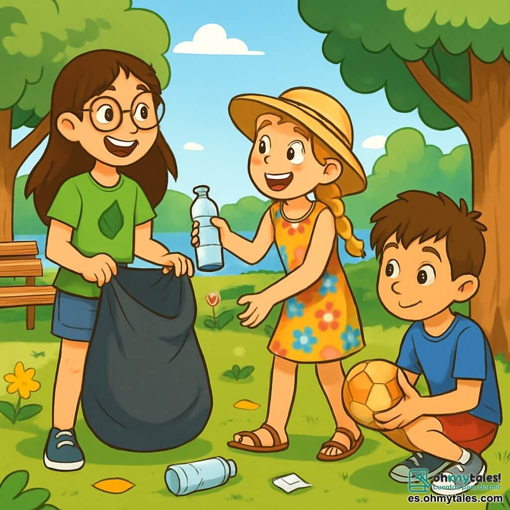 Hay 3 personajes: - Valeria: una niña de 11 años, con cabello largo castaño y gafas redondas. Lleva una camiseta verde con un diseño de hoja y un short de mezclilla. Está de pie, sosteniendo una gran bolsa de basura, sonriente y llena de energía. - Sofía: una niña de 11 años, con cabello rubio trenzado y un sombrero de paja. Lleva un vestido colorido con flores y sandalias. Está al lado de Valeria, recogiendo una botella de plástico con una gran sonrisa. - Lucas: un niño de 10 años, con cabello corto y despeinado. Lleva una camiseta azul y un short rojo. Está agachado frente a un árbol, sosteniendo una pelota vieja que encontró, con una expresión curiosa en su rostro. El lugar es un parque central luminoso, lleno de árboles verdes, flores coloridas y un cielo azul brillante. Hay bancos de madera dispersos y a lo lejos, un lago brilla bajo el sol. El suelo está cubierto de hojas y pequeños desechos que los niños están a punto de recoger. La situación principal muestra a los niños en plena acción, limpiando el parque. Valeria y Sofía se ríen juntas mientras recogen basura, mientras que Lucas descubre objetos olvidados, creando un ambiente alegre y comprometido con la protección del medio ambiente.