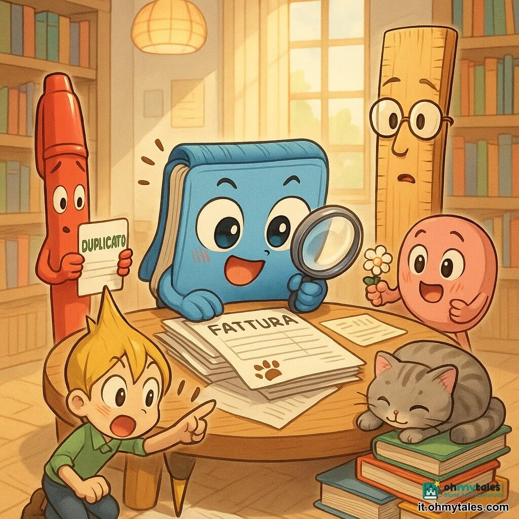 Cipolino, un piccolo quaderno animato con copertine di stoffa blu e occhi rotondi, è concentrato e gioioso su una pila di fatture tenendo una lente; il Signor Pennarello, un grande pennarello rosso dal sorriso timido, sta a sinistra mostrando una fattura duplicata; la Signora Gomma, una gomma rosa tondeggiante, è a destra sorridente e porge un fiore di carta; il Vecchio Righello, una vecchia riga di legno con angoli consumati e occhiali tondi, osserva serio; la giovane Matita, una sottile matita gialla con punta a ciuffo, indica eccitata una piccola impronta di zampa su una fattura; Graffietto, un gattino tigrato grigio, dorme su una pila di libri; la riunione si svolge in una calda stanza di legno con scaffali di libri colorati, un grande tavolo rotondo di quercia, lampade di carta e raggi di sole; scena principale: piccoli investigatori riuniti per separare le fatture, scoperta dell’impronta che svela il mistero, atmosfera conviviale e luminosa in stile manga infantile con colori pastello vivaci ed espressioni nette.