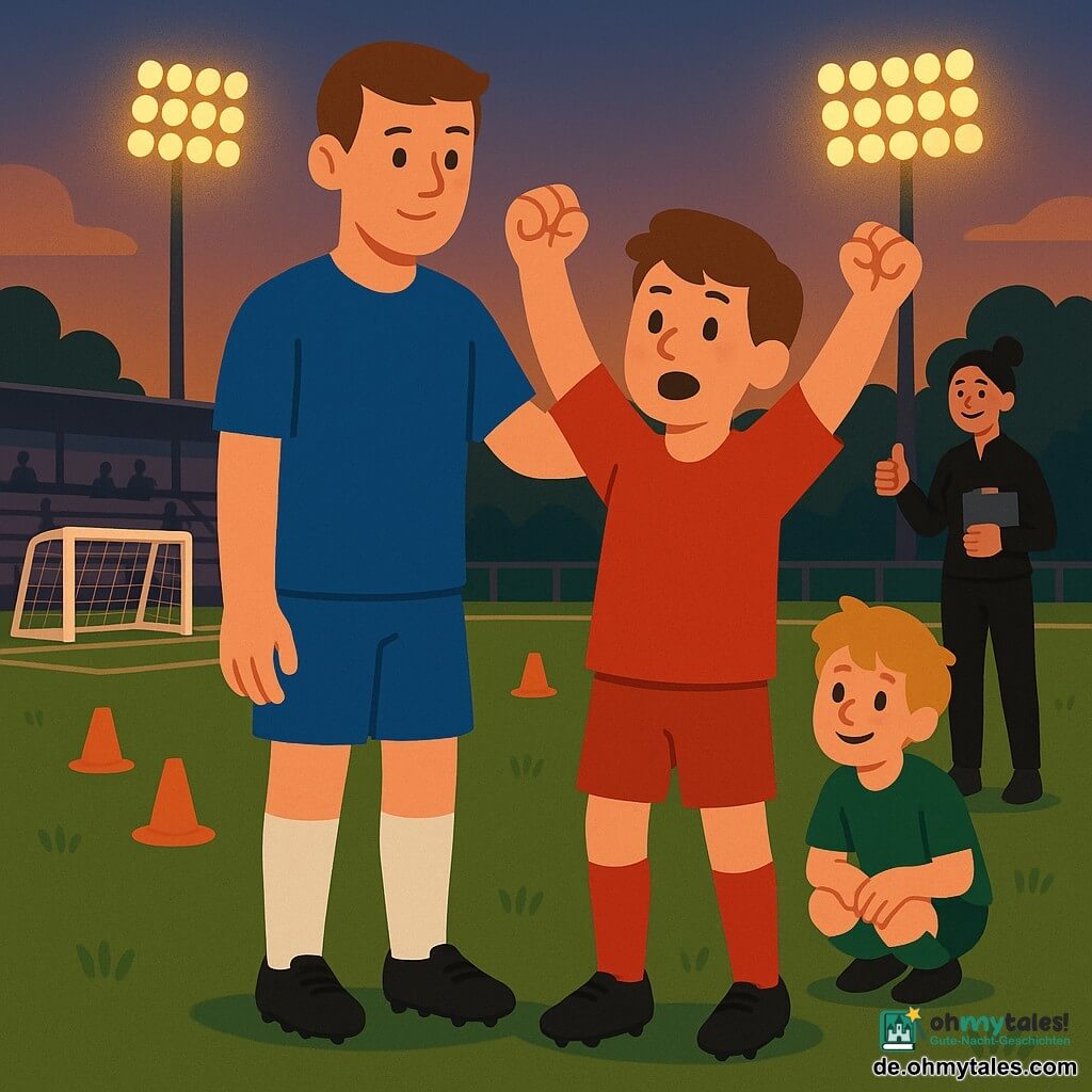 Ein junger Mann namens Jonas, rundes Gesicht und ruhiges Lächeln, kurze braune Haare, blaues Fußballtrikot und weiße Stutzen, legt beruhigend die Hand auf die Schulter eines Mitspielers und schaut zur Gruppe; ein etwa 15-jähriger Junge namens Leon, energiegeladenes Gesicht und gerötete Wangen, rotes Trikot, hebt noch die Arme in Feier, wirkt aber leicht unsicher und steht direkt vor Jonas; ein jüngerer Junge namens Sami, etwa 12, blonder zerzauster Haaransatz, grünes Trikot, lächelt schüchtern und blickt von ein paar Schritten hinter ihnen zu Jonas und Leon; die etwa 35-jährige Trainerin Mira mit Dutt, schwarzer Sportkleidung und Klemmbrett, steht lächelnd an der Seitenlinie und zeigt Daumen hoch; Ort: kleines Trainingsstadion in der Dämmerung mit kurzgemähter grüner Rasenfläche, weißen Torpfosten, verstreuten orangen Hütchen, spärlichen Tribünen und gelb-weiß leuchtenden Flutlichtmasten; Szene: Augenblick nach einem Tor im Trainingsspiel, Jonas beruhigt und sammelt die Mannschaft mit ruhigen Gesten und sicherem Blick, Leon hat gerade getroffen und lernt zu feiern, ohne andere zu übergehen, warme, lehrreiche Atmosphäre, gut ablesbare Mimik, kontrastreiche Farben und einfache Formen, Komposition zentriert auf das Trio Jonas-Leon-Sami mit Mira im Hintergrund.