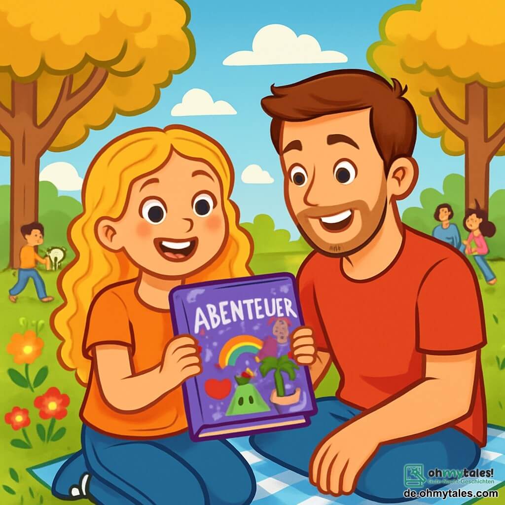 Ein 10-jähriges Mädchen, Leni, mit langen, lockigen blonden Haaren, lächelt fröhlich, ihre Augen funkeln vor Aufregung. Sie hält ein handgemachtes Buch, verziert mit bunten Zeichnungen und Glitzer, und sitzt auf dem grünen Gras eines sonnigen Parks. Neben ihr sitzt ihr Papa, ein Mann in seinen Dreißigern mit einem leichten Bart und einem warmen Lächeln, der stolz auf das Buch schaut, auf einer Picknickdecke. Der Park ist voller bunter Blumen, großer Bäume mit goldenen Blättern und einem blauen Himmel, der mit fluffigen weißen Wolken bedeckt ist. Im Hintergrund haben Familien Spaß, spielen mit einem Ball und lachen zusammen. Die Hauptsituation zeigt Leni, die ihrem Papa ihr Abenteuerbuch anbietet, ein Moment der Zärtlichkeit und des geteilten Glücks, der die Liebe und Freude des Vatertags symbolisiert.