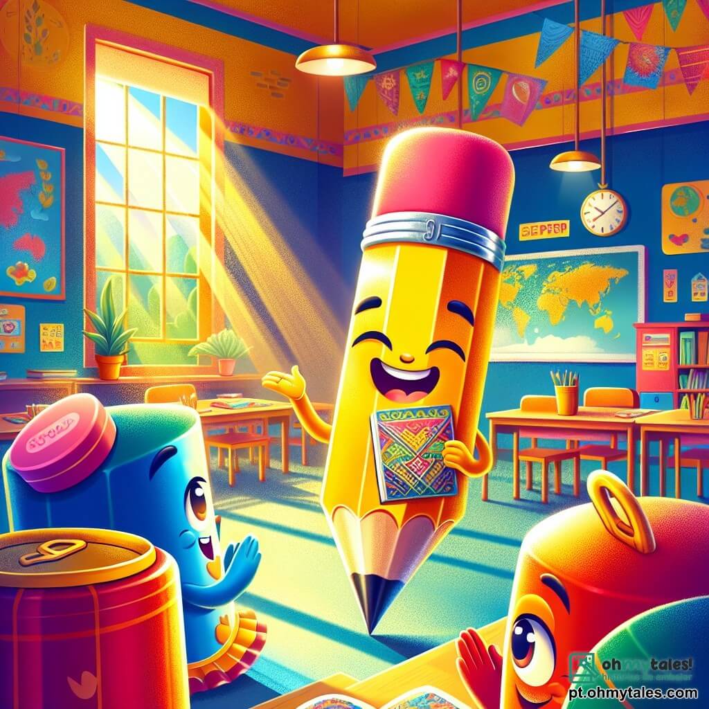 No centro da imagem, um lápis amarelo vivo chamado Léo, com a ponta bem afiada e uma borracha rosa na extremidade, exibe um grande sorriso de empolgação e orgulho. Ele está apresentando um desenho colorido aos seus colegas, com os braços abertos, como se estivesse compartilhando uma bela descoberta. À sua direita, uma borracha azul chamada Bela, com olhos brilhantes e um sorriso encorajador, aplaude Léo com entusiasmo. À sua esquerda, uma lata vermelha chamada Pedro, com uma textura brilhante e padrões elegantes, observa Léo com admiração, seus olhos brilhando de orgulho pelo amigo. O cenário é uma sala de aula iluminada e colorida, decorada com desenhos nas paredes, mapas do mundo e decorações representando diferentes culturas. Raios de sol filtram pelas janelas, iluminando o espaço e criando uma atmosfera acolhedora. A situação principal mostra Léo, cercado por seus amigos, compartilhando seu projeto sobre diversidade cultural, celebrando juntos suas diferenças e talentos únicos em um ambiente alegre e colaborativo.