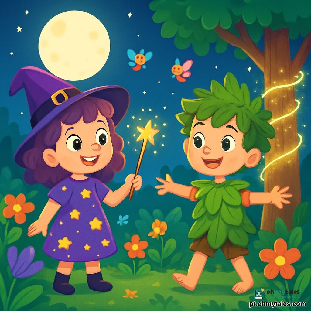 Lila, uma jovem bruxa de oito anos, está em seu jardim encantado, com cabelos cacheados e um vestido roxo adornado com estrelas douradas. Ela tem olhos brilhantes de curiosidade e um sorriso radiante, segurando sua varinha cintilante em uma mão, pronta para liberar sua magia. Ao seu lado, um menino das folhas, de sete anos, tem cabelos de folhas de carvalho e olhos verdes brilhantes. Ele sorri alegremente, com os braços abertos, como se estivesse pronto para dançar. O jardim está cheio de flores coloridas, cipós cintilantes e pequenas criaturas mágicas que voam ao redor deles, enquanto uma lua cheia brilha no céu estrelado, projetando uma luz suave e prateada sobre a cena. Lila e o menino das folhas estão prestes a liberar um fio de luz enrolado em torno de uma árvore, simbolizando sua amizade nascente e a magia que os rodeia.