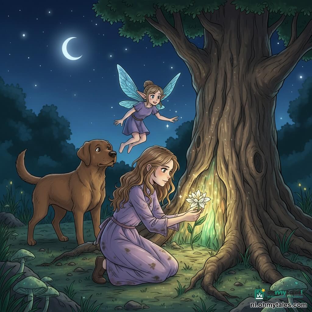 Een 10-jarig meisje, Lotte, vastberaden en teder, met lang golvend lichtbruin haar en een eenvoudige paarse jurk bevlekt met aarde, knielt en legt zacht een lichtgevende witte-gouden bloem aan de voet van een boomstam. Een middelgrote bruine labrador, Max, kwispelt achter haar, neus omhoog naar de bloem, waakzaam en liefdevol. Een klein elfje van ongeveer 80 cm met blauwachtige transparante vleugels, vrolijk maar geconcentreerd, zweeft op schouderhoogte van Lotte en reikt met een fonkelende hand naar de bloem. Een oude massieve boom met ruwe, gebarsten schors en dikke wortels die de grond omwikkelen, begint een groen-gouden gloed uit de scheuren aan de basis uit te stralen. Decor: een nachtelijke open plek in een dicht bos met nat gras, lichtgevende paddenstoelen en een heldere sterrenhemel met een dunne maansikkel. Hoofdscène: Lotte legt de bloem terug bij de wortel om de boom te genezen; het bloemlicht verlicht gezichten en werpt zachte schaduwen. Kleurpalet: diepe nachtblauwtinten, warme groenen voor de boomgloed, gouden en witte accenten voor de bloem en violette accenten voor de jurk. Visuele stijl: zachte manga-trekken, grote expressieve ogen, gedetailleerde texturen voor schors en stoffen en dramatische maar geruststellende verlichting.
