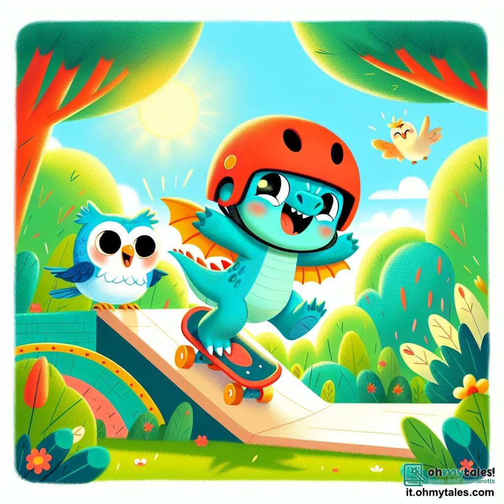 Un piccolo drago blu, di nome Luna, con scaglie brillanti e un casco rosso in testa, sorride con occhi scintillanti di gioia. È sulla sua tavola da skateboard, mentre scivola con entusiasmo su una rampa. Accanto a lui, una piccola civetta di nome Piuma, con piumaggio morbido e occhi rotondi, applaude con un grande sorriso, fluttuando leggermente nell'aria. Il contesto è un parco soleggiato, pieno di alberi verdi con foglie brillanti e fiori colorati che danzano nel vento. I raggi di sole filtrano tra i rami, creando ombre divertenti sul terreno. Luna, piena di energia, si lancia sulla rampa, mentre Piuma lo incoraggia con grida di gioia. È un momento di felicità e amicizia, dove il drago e la civetta condividono la loro passione per lo sport insieme.