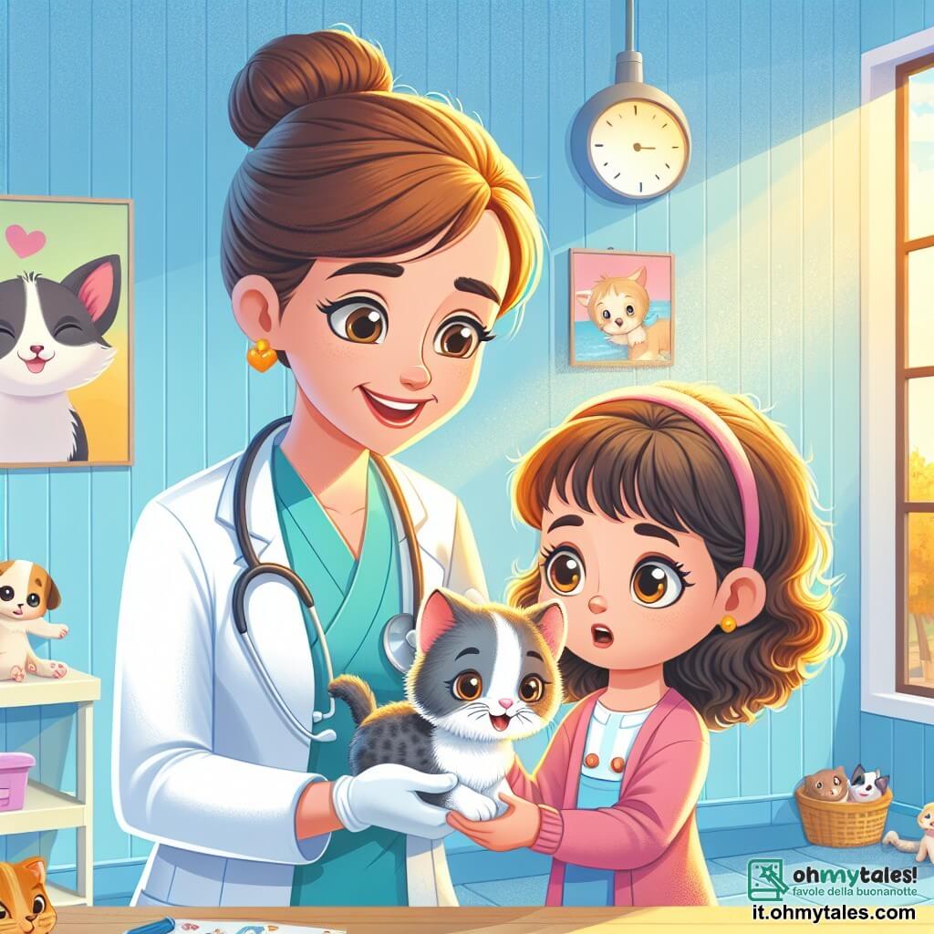 La scena mostra la dottoressa Anna, una donna sulla trentina con capelli castani raccolti in uno chignon, che indossa un camice bianco e un sorriso caloroso. È chinata con attenzione su un piccolo gattino grigio e bianco di nome Macchia, che esamina con dolcezza, i suoi occhi brillano di empatia e concentrazione. Accanto a lei, Margherita, una ragazza di otto anni con capelli ricci e grandi occhi curiosi, tiene Macchia tra le braccia, mostrando un'espressione di preoccupazione mista a speranza. Guarda la dottoressa con ammirazione, pronta ad imparare come prendersi cura del suo prezioso gattino. La scena si svolge in un ambulatorio veterinario colorato, con pareti dipinte di azzurro chiaro, poster di animali sorridenti appesi e giocattoli per animali sparsi sul pavimento. Una grande finestra lascia entrare la luce del sole, creando un'atmosfera calda e accogliente. La situazione principale mostra la dottoressa Anna che esamina attentamente la zampa di Macchia, mentre Margherita osserva con interesse, impaziente di scoprire cosa non va con il suo gattino. L'atmosfera è sia seria che piena di speranza, illustrando l'amore e la cura che si riservano agli animali.