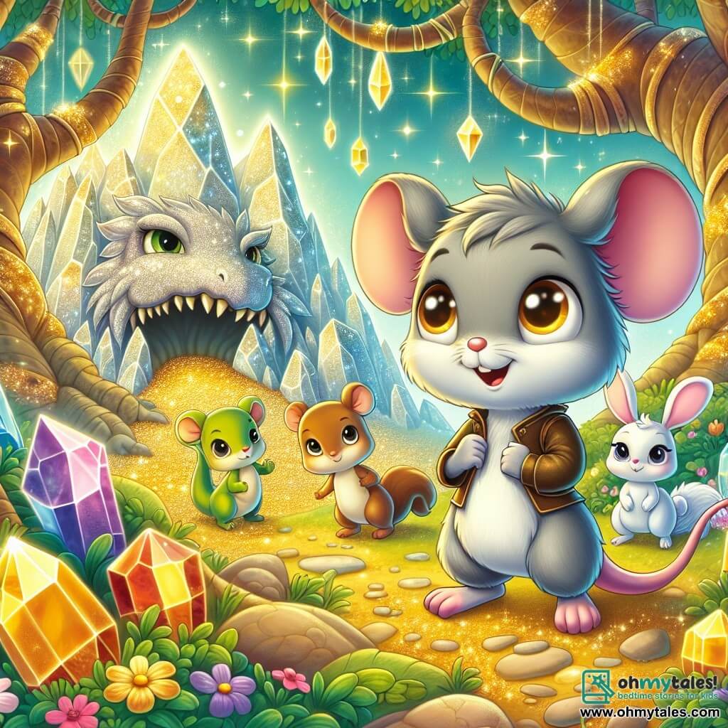 A little mouse named Max, with soft gray fur and sparkling curious eyes, stands bravely in front of a huge shimmering cave, a determined smile on his face. He is surrounded by gemstones and crystals that shine like stars. Next to him, Bella the rabbit, with her white fur and large ears, jumps with excitement, her eyes shining with joy, while Leo the squirrel, with his bushy tail and brown fur, watches carefully, ready to help. The scene takes place in an enchanted forest, where the trees are tall and twisted, their leaves sparkling in the sun, and colorful flowers dance around them. Determined, Max is about to ask the sleeping dragon in the center of the cave for permission to share the treasure with his friends.