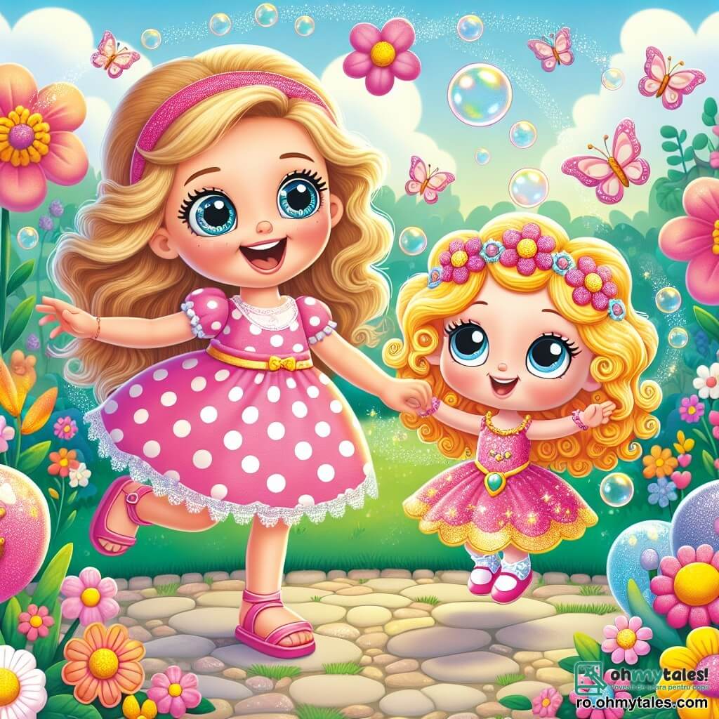 O fetiță de 2 ani, Mia, cu ochi mari și strălucitori și un zâmbet radiant, dansează vesel într-o grădină fermecată, înconjurată de flori colorate și fluturi care zboară. Ea poartă o rochie roz cu buline albe și sandale mici, râzând în timp ce ține mâna păpușii sale magice. Păpușa, care pare a avea aproximativ 10 ani, are părul lung blond și ondulat și poartă o rochie strălucitoare. Ea plutește ușor deasupra solului, cu un zâmbet jucăuș, făcând mișcări amuzante de dans. Grădina este plină de flori uriașe în culori vii, arbuști în formă de animale și o fântână strălucitoare în centru, unde bule de săpun plutesc în aer. Situația principală o arată pe Mia și păpușa ei distrându-se împreună, creând bule de săpun care se ridică spre cer, în timp ce râd și dansează, înconjurate de magia grădinii.