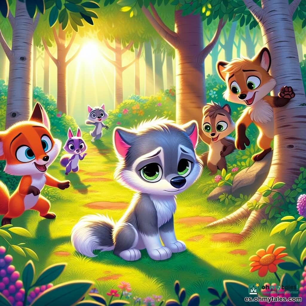 Un pequeño lobo llamado Nilo, con un pelaje gris suave y ojos brillantes de tristeza, se encuentra en el centro de la imagen, con las orejas caídas y la cola recogida, mirando al suelo con una expresión de melancolía. A su derecha, una ardilla llamada Vega, con un pelaje rojizo brillante y ojos chispeantes de compasión, se acerca a él, extendiendo una pata amistosa para consolarlo. A la izquierda, un joven tejón llamado Leo, con pelaje marrón y ojos redondos, muestra una expresión determinada, listo para defender a su amigo, con las patas hacia adelante, como si estuviera preparado para actuar. El escenario se sitúa en un claro soleado del bosque, rodeado de árboles con hojas verdes vibrantes y flores coloridas, donde la luz filtra a través de las ramas, creando sombras suaves en el suelo. En el fondo, un grupo de jóvenes zorros juega, riendo y corriendo, pero su mirada burlona se dirige hacia Nilo, añadiendo tensión a la escena. La situación principal muestra a Nilo, triste y aislado, rodeado de sus amigos que intentan apoyarlo frente a las burlas de los zorros, ilustrando así el tema del acoso y la importancia de la amistad y el apoyo.