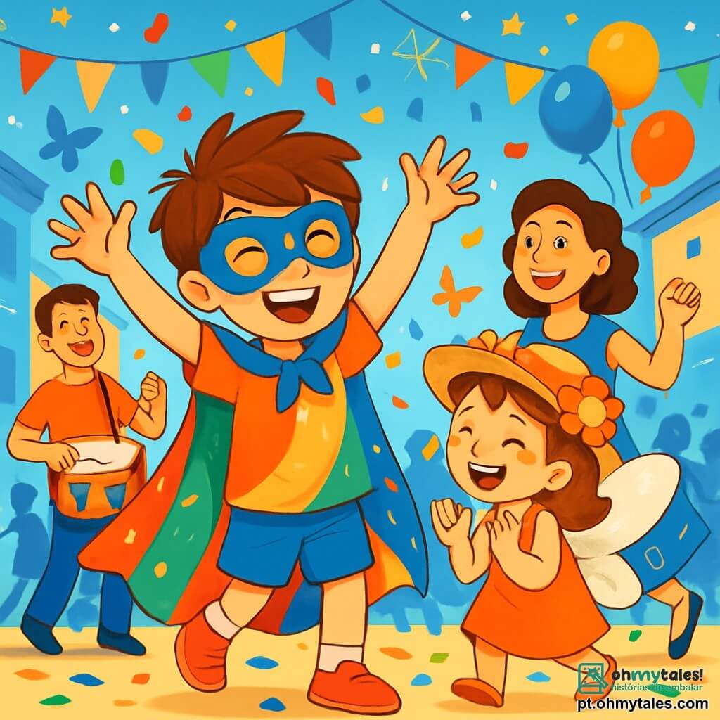 Um menino de 8 anos, Tomás, com cabelos castanhos bagunçados e olhos brilhantes de alegria, usa uma capa colorida feita de tecidos brilhantes e uma máscara azul adornada com uma estrela. Ele dança com um grande sorriso, braços levantados para o céu, cercado por confetes coloridos que caem ao seu redor. Ao seu lado, sua irmã Lila, uma menina de 6 anos, tem asas de papel brilhantes e um chapéu florido. Ela ri batendo palmas, contribuindo para a atmosfera festiva. Um pouco mais longe, seu pai, um homem sorridente na casa dos trinta anos, toca tambor com entusiasmo, enquanto sua mãe, uma mulher alegre na mesma faixa etária, dança olhando-os com orgulho. A cena ocorre em uma rua animada, decorada com guirlandas coloridas e balões flutuantes, onde crianças e adultos dançam juntos, criando uma atmosfera vibrante e alegre. Luzes cintilantes iluminam o céu azul, enquanto borboletas de papel voam ao redor dos personagens. A situação principal mostra Tomás e Lila no coração de um carnaval, cercados por música e risos, dançando e celebrando com os amigos, enquanto confetes coloridos caem como estrelas em uma noite mágica.
