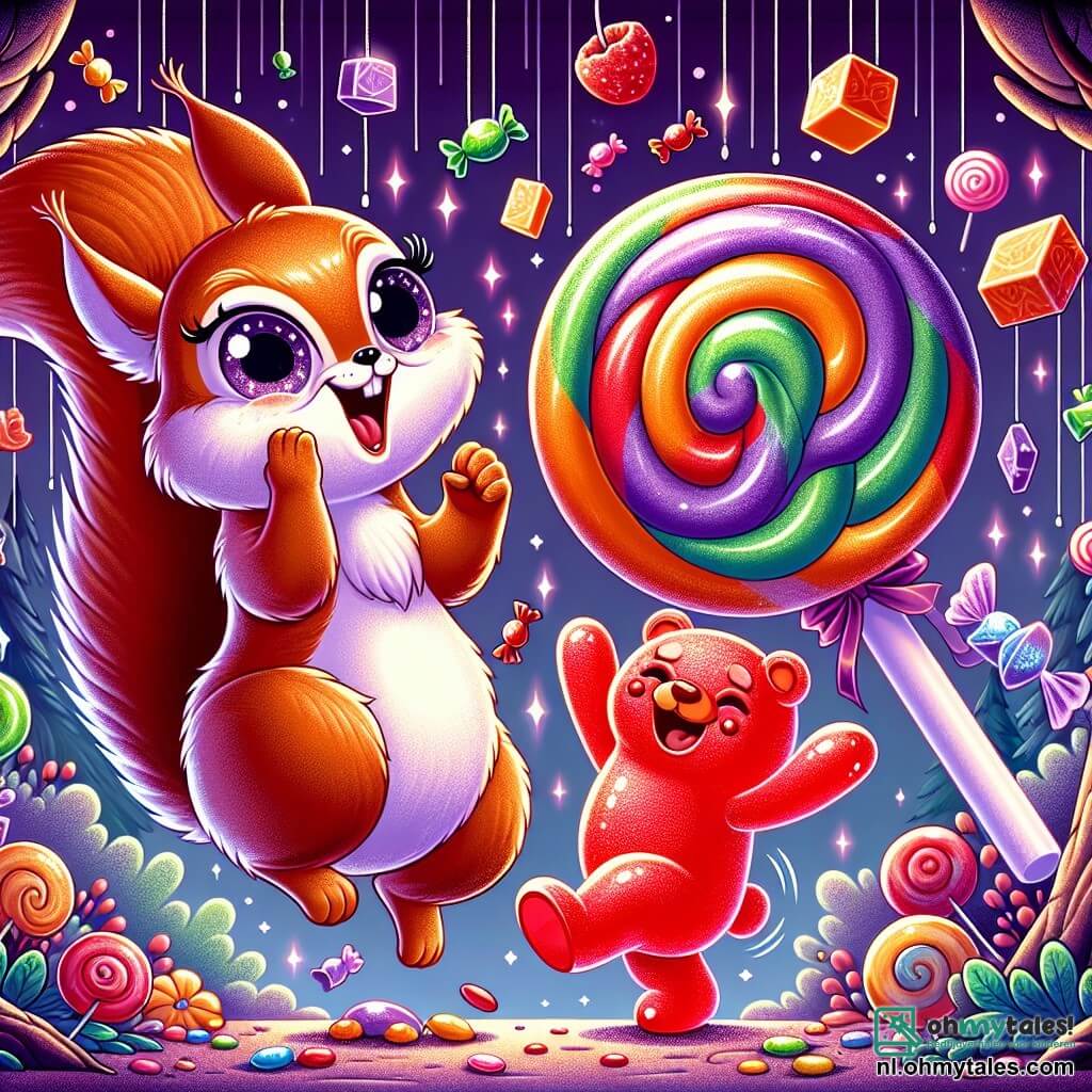 Een klein eekhoorntje met grote oren en een feloranje staart, met sprankelende ogen van vreugde, danst onder een regen van kleurrijke snoepjes, zijn kleine pootje in de lucht. Naast hem danst een enorme rode gummybeer, glimlachend en vrolijk, met komische dansbewegingen, terwijl zijn gelatine-armen op de muziek meebewegen. Iets verderop applaudisseert een gigantische lolly met dansende benen, een glimlachend gezicht en glinsterende ogen, en moedigt de twee vrienden aan om te dansen. De scène speelt zich af in een betoverd bos waar de bomen bedekt zijn met snoep en suikerbloemen, terwijl de paarse lucht fonkelt. In het midden van deze magische scène valt er een regen van snoepjes uit de lucht, wat een feestelijke en gekke sfeer creëert, terwijl de personages samen plezier hebben in een vrolijke en kleurrijke dans.