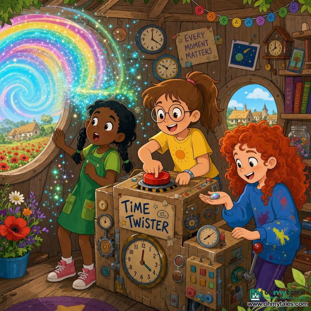 Three girls: Mia, 10, light chestnut hair in a ponytail, round glasses and a yellow T‑shirt, stands center in front of a makeshift cardboard console with clocks, hands on a big red button; Lily, 9, black hair in a braid, green pocketed dress, stands to Mia’s left with an amazed look and one hand on the cabin porthole; Zoe, 9, curly red hair, blue paint‑stained sweatshirt, stands to Mia’s right leaning over a small sparkling stone in her palm. They are in a small wooden treehouse with round windows, a garland of colorful buttons and clocks on the wall, surrounded by a flowered meadow with red poppies and a thatched‑roof village visible in the distance. The "Time Twister" activates: multicolored lights whirl out the porthole, green and blue sparkling dust flecks, the cabin vibrates gently, and the girls’ faces show wonder and joy.
