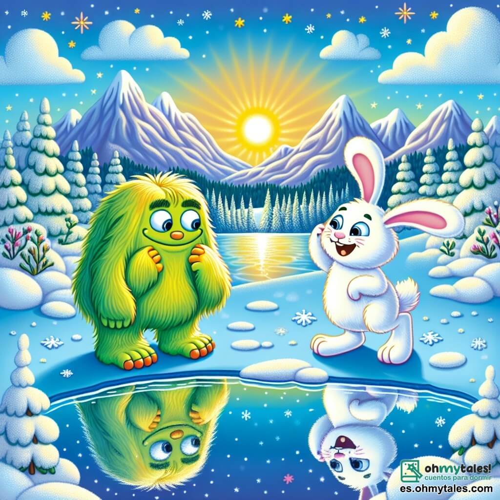 Truki, el pequeño monstruo verde y peludo, con grandes ojos brillantes y una sonrisa cálida, está al borde de un lago helado, mirando su reflejo en el hielo con curiosidad y asombro. A su lado, una liebre blanca con un pelaje brillante, grandes orejas erguidas y ojos chispeantes, salta alegremente en la nieve, lista para acompañarlo en su aventura. El paisaje es una majestuosa montaña cubierta de una espesa capa de nieve brillante, con árboles nevados que parecen bailar al viento. El cielo es de un azul radiante, salpicado de nubes esponjosas, y el sol brilla, creando reflejos centelleantes en la superficie del lago helado. La situación principal muestra a Truki descubriendo su reflejo en el lago, mientras la liebre lo anima a ser valiente y explorar los misterios de la montaña.