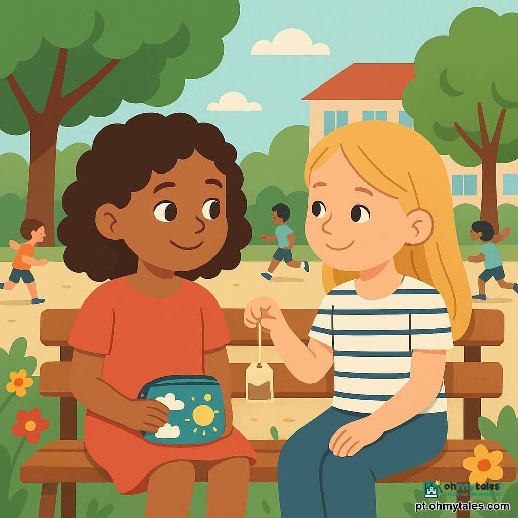Há 2 personagens principais: Lila, uma menina de quase sete anos, tem cabelos castanhos encaracolados e olhos brilhantes. Ela está sentada em um banco de madeira, segurando uma bolsinha colorida no colo, com um sorriso doce no rosto. Clara, uma menina da mesma idade, tem cabelos loiros lisos e veste uma camiseta listrada. Ela está sentada ao lado de Lila, ligeiramente inclinada para ela, segurando um saquinho de chá quente nas mãos. O local é o pátio da escola, banhado pela suave luz da manhã. Há árvores com folhas verdes e flores coloridas ao redor do banco. Crianças brincam ao fundo, correndo e rindo, adicionando uma atmosfera alegre. A situação principal mostra Lila e Clara compartilhando um momento de calma e conforto. Lila segura sua bolsinha, que é decorada com desenhos de nuvens e sóis, enquanto Clara lhe oferece um saquinho de chá. As duas meninas trocam um olhar cúmplice, cercadas por uma atmosfera de benevolência e amizade.