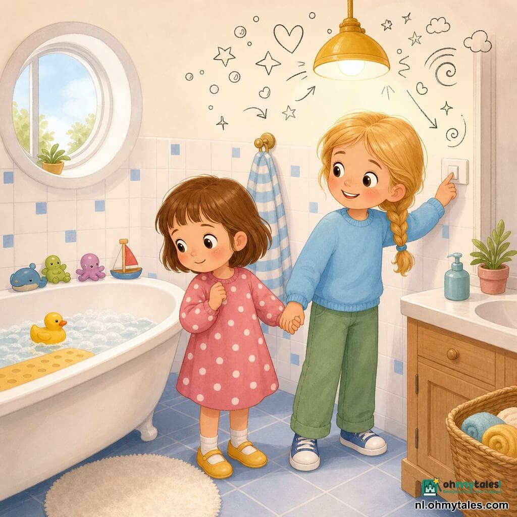 Twee meisjes: Anna (ongeveer 5) met kort bruin haar, roze stippenjurk en gele schoenen, kijkt met een mengeling van verlegenheid en opluchting naar de badkuip terwijl ze linkshandig Noor vasthoudt; Noor (ongeveer 6) met blonde vlecht, lichtblauwe trui en groene broek, staat rechts, heeft de schakelaar ingedrukt en kijkt geruststellend naar Anna. Kleine gezellige badkamer, half-dichtbij aanzicht, witte tegels met kleine blauwe ruitjes, gestreepte handdoek aan haak, witte badkuip met geel antislipmatje, ronde raampje met zacht licht en speeltjes op de rand. De lamp gaat aan en onthult een gele rubberen eend; warme pastelkleuren, duidelijke uitdrukkingen en eenvoudige, leesbare compositie voor peuters, met kleine doodles van belletjes en sterretjes rond de lamp.