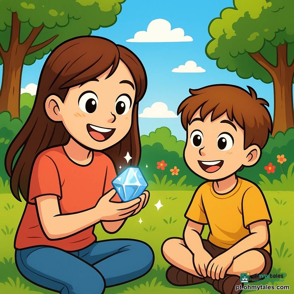 Uma menina de 12 anos, Luna, com longos cabelos castanhos e olhos brilhantes de curiosidade, está sentada na grama verde de um parque ensolarado, segurando uma pedra brilhante nas mãos. Seu rosto expressa alegria e deslumbramento, com um sorriso largo e bochechas levemente rosadas. Ao lado dela, seu irmão Gabriel, um garoto de 8 anos com cabelos castanhos e olhos sorridentes, observa a pedra com fascínio, sentado de pernas cruzadas no chão, com as mãos sobre os joelhos. Ao fundo, o parque está cheio de árvores majestosas com folhas verdes brilhantes, flores coloridas e um céu azul claro salpicado de nuvens brancas e fofas. A cena principal mostra Luna e Gabriel descobrindo juntos a magia da pedra, cercados pela beleza da natureza, simbolizando o deslumbramento e a curiosidade das crianças.