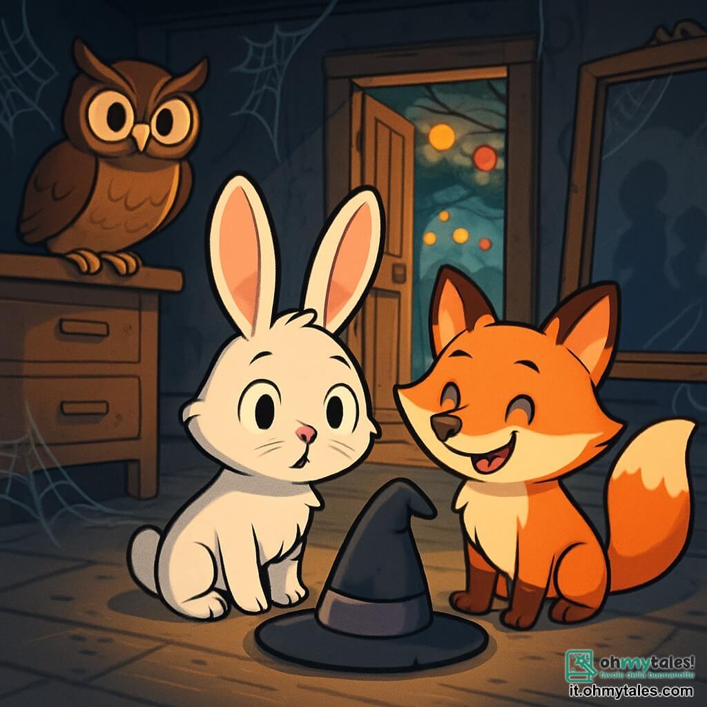 Un coniglio bianco di nome Binky, con grandi orecchie morbide e un naso che trema d'eccitazione, si trova al centro di una stanza buia e polverosa. Ha occhi rotondi e brillanti, pieni di curiosità e un po' di apprensione. Accanto a lui, una volpe rossa di nome Flick, con un pelo splendente e una coda folta, sorride gioiosamente, pronta a esplorare. Un gufo saggio, Oliver, con piume marroni e occhi penetranti, li osserva incoraggiandoli, posato su una vecchia mensola. La stanza è piena di oggetti misteriosi: ragnatele negli angoli, vecchi mobili coperti di polvere e un grande specchio antico che riflette sagome strane. In fondo, una porta scricchiolante si apre su un giardino segreto illuminato da lanterne colorate. La scena principale mostra Binky, Flick e Oliver insieme, mentre scoprono un vecchio cappello di Halloween perduto, circondati da un'atmosfera di avventura e mistero, pronti a vivere una notte magica di Halloween.