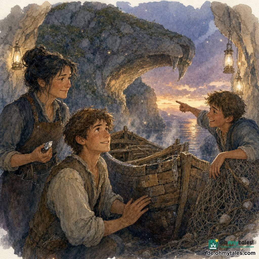 Ein junger Mann (Einar), rundes, stures Gesicht, zerzauste kastanienbraune Haare, zerknitterte Kleidung und schwielige Hände, steht im Vordergrund, die Hand auf dem abgenutzten Rumpf der reparierten Holzbootes, lächelt müde und mit leuchtenden Augen vor Staunen; eine Frau mittleren Alters (Bryna, ~45) mit rußschwarzen Haaren, Schmiedeschürze, stolzem und wohlwollendem Blick steht links leicht zurückgesetzt, hält ein kleines glänzendes Metallstück und betrachtet Einar zustimmend; ein jugendlicher Fischer (~16) mit sonnengebräuntem Gesicht lehnt an einem Netz rechts, lacht leise und deutet auf den Fluss. Ort: eine große kiesige Bucht in einer Felsmulde — graue und ockerfarbene Klippen formen einen steinernen "Mund", Ritzen mit Grasbüscheln, dunkles glänzendes Wasser, Schilf und ein altes Holzboot mit sichtbaren Nähten und Reparaturen in der Mitte, Öllampen an den Felsen. Situation: in der Dämmerung versammelt sich die Gemeinschaft um das reparierte Boot; warme, heldenhafte Stimmung, sanftes Abendlicht, leichter Dampf über dem Wasser und funkelnde Staubpartikel in der Luft, Ausdruck von Erfolg und Heimkehr.