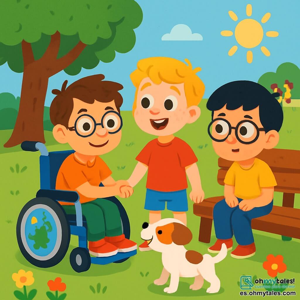 Hay 3 personajes: - Martín: un niño de 8 años, con cabello castaño desordenado y gafas redondas. Está sentado en una bonita silla de ruedas azul decorada con pegatinas de dinosaurios, sonriendo con amabilidad. - Lucas: un niño de 7 años, con cabello rubio y pecas en la cara. Está de pie al lado de Martín, sosteniendo su mano, con una gran sonrisa y ojos brillantes de curiosidad. - Tomás: un niño de 7 años, con cabello negro y gafas. Está sentado en el banco, un poco apartado, mirando al perrito con una expresión de duda, pero también de curiosidad. El lugar es un parque soleado, con hierba verde brillante, flores coloridas y un gran árbol de follaje denso. A lo lejos, se puede ver un pequeño camino de grava y niños jugando alegremente. La situación principal muestra a los tres amigos frente a un pequeño perrito blanco con manchas marrones, que se acerca a ellos. Martín anima a Tomás a superar su miedo, mientras que Lucas sonríe y sostiene la mano de su amigo para darle valor. Los rayos del sol iluminan la escena, creando una atmósfera cálida y amigable.