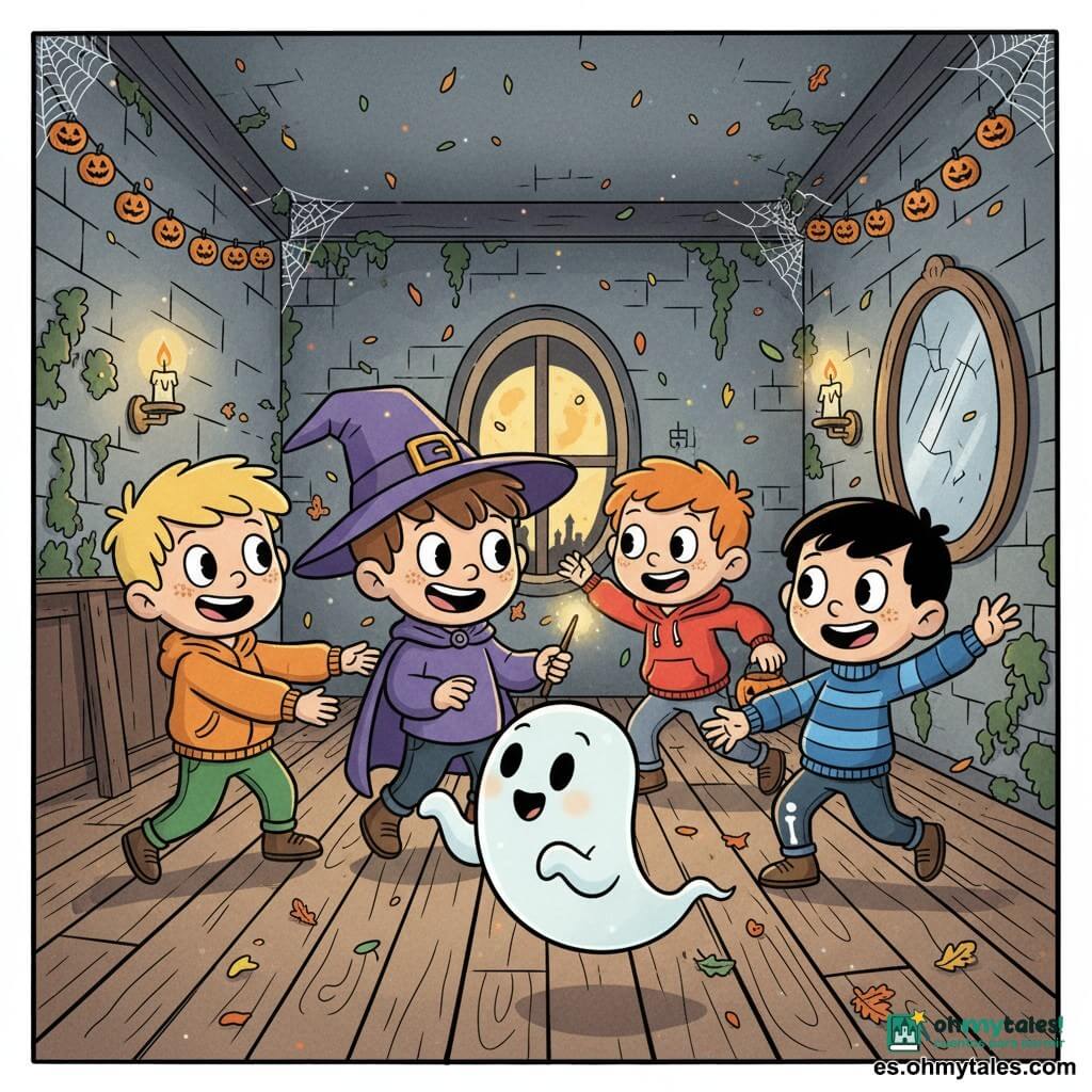 Hay cinco personajes: cuatro niños de 6 años —Pablo, pelo castaño corto y ojos risueños, en el centro con un gran sombrero de mago morado, capa brillante y una pequeña varita; Lucas, rubio despeinado, chaqueta naranja y pantalón verde, a la izquierda riendo y tendiendo la mano a un pequeño fantasma; Mateo, pelo negro liso y suéter azul a rayas, a la derecha imitando una pose de esqueleto; Diego, pelirrojo con pecas y sudadera roja, detrás saltando y sujetando una linterna de calabaza— y un fantasma amigo, Casper, pequeño y translúcido con ojos amables, flotando y extendiendo una mano etérea para invitar a bailar; todo ocurre en una gran sala de una vieja casa encantada con muros de piedra cubiertos de hiedra, suelo de tablas agrietadas, telarañas en las esquinas, velas parpadeantes, ventanas redondas con luna llena dorada, guirnaldas de pequeñas calabazas luminosas y un espejo ovalado agrietado; la escena muestra una fiesta de Halloween alegre con los niños y el fantasma bailando entre luces cálidas, confeti de hojas otoñales, sonrisas amplias, poses caricaturescas y una paleta cálida (naranja, violeta, dorado) contrastando con suaves sombras.