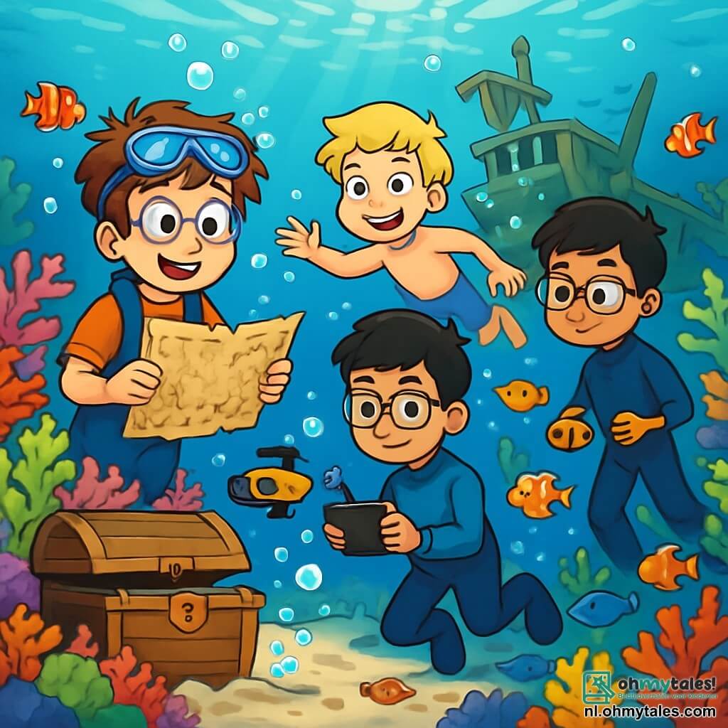 Er zijn 4 kinderen: - Tygo: een 10-jarig jongen met rommelig bruin haar en duikbril op zijn voorhoofd. Hij houdt een oude onderwaterkaart in zijn handen en kijkt opgewonden naar de horizon. - Finn: een 10-jarig jongen met blond haar en sprankelende ogen, die vrolijk naast Tygo zwemt met een grote glimlach op zijn gezicht. - Nouri: een 10-jarig jongen met zwart haar en een bril, die geconcentreerd een kleine onderwaterdrone bedient, kijkend naar zijn scherm. - Luc: een 10-jarig jongen met kastanjebruin haar en een vriendelijke glimlach, die zich verplaatst in zijn duikpak, omringd door kleurrijke vissen. De situatie speelt zich af op een prachtig koraalrif, vol met levendige kleuren van koralen en tropische vissen, met lichtstralen die door het kristalheldere water filteren. Op de achtergrond is een oud schipwrak te zien, bedekt met koralen en schelpen, wat een vleugje mysterie aan de scène toevoegt. De kinderen verkennen de zeebodem, verwonderd door de schoonheid van het onderwaterleven, terwijl ze een oude houten kist ontdekken, gedeeltelijk begraven in het zand, met luchtbellen die om hen heen ontsnappen.