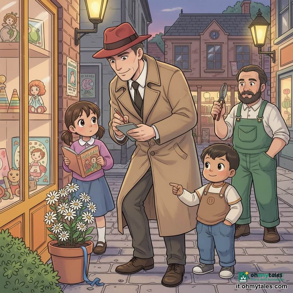 Un detective di circa 45 anni, sorriso dolce ma concentrato, con un lungo soprabito beige, fedora rosso e un taccuino in mano mentre annota una pista, leggermente inclinato in avanti; una bambina di 8 anni, Luce, capelli castani a codini e occhi grandi e curiosi, tiene un libro illustrato vicino a una panchina e guarda la vetrina a sinistra del detective; un bambino di 6 anni, Leo, viso birichino, basso di statura, con le tasche piene indica una vecchia libreria sullo sfondo a destra del detective; un giardiniere di circa 50 anni, Guido, barbuto in salopette verde, con cesoie osserva piccole impronte vicino ai cespugli davanti alla vetrina; scena in una strada di quartiere lastricata al crepuscolo, vetrine in legno dai toni caldi, lampioni gialli, una piccola libreria antica sullo sfondo, vasi di fiori e manifesti colorati; il detective scopre un pezzo di nastro blu intrappolato sotto un vaso di fiori davanti a un negozio di giocattoli, i bambini lo circondano, atmosfera dolce e misteriosa con colori caldi e contrasti morbidi.
