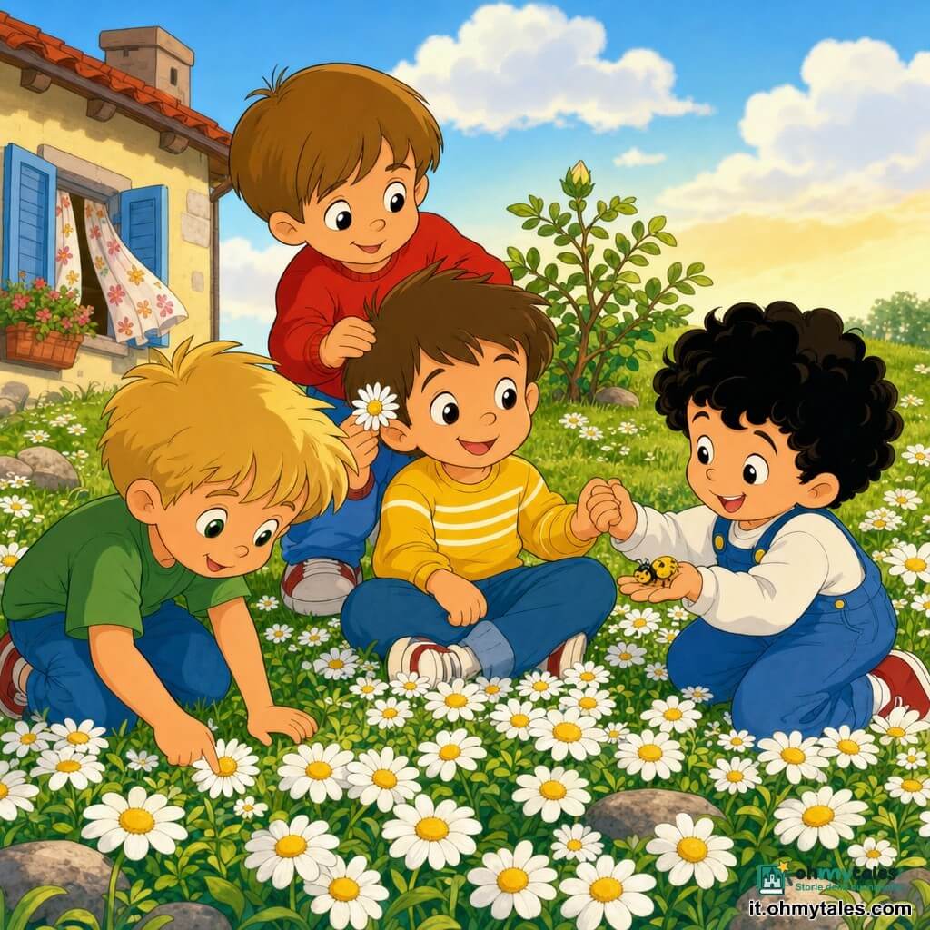 Quattro bambini di 4 anni: Leo (capelli castani corti, occhi marroni, maglia gialla a righe, seduto al centro del tappeto di margherite sorridente che tiene la mano di Giò), Marco (capelli biondi spettinati, maglietta verde, accovacciato a sinistra che tocca una margherita con stupore), Tommaso (capelli neri ricci, salopette blu, a destra che mostra un piccolo insetto giallo sul palmo ridendo), Giò (capelli castano chiaro lisci, maglione rosso, dietro leggermente su una piccola collinetta che mette una margherita dietro l'orecchio di Leo e osserva gli amici); luogo: giardino primaverile luminoso con prato verde e tappeto di margherite bianche dal cuore giallo, piccole pietre arrotondate, un giovane arbusto con bocciolo, cielo azzurro pallido e luce dorata della sera, casetta sullo sfondo con finestra aperta e tendina a fiori; scena principale: i quattro raccolti sul tappeto di margherite, ridono e condividono, atmosfera calda e dolce, colori vivaci, contorni netti, stile fumetto anni '90, espressioni facciali chiare e leggibili.