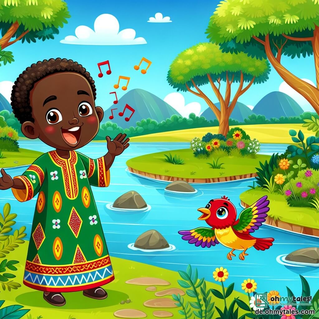 Kofi, ein afrikanischer Mann in den Dreißigern, steht am Ufer eines wunderschönen Flusses. Er hat eine dunkle Haut, krauses Haar und trägt eine farbenfrohe Tunika mit traditionellen Mustern. Sein Gesicht drückt Freude und Staunen aus, während er mit den Vögeln singt. Ein kleines rotes Vogelchen, das vor Farben sprüht, fliegt in seiner Nähe, seine glänzenden Federn funkeln in der Sonne. Es scheint glücklich und neugierig zu sein und singt eine fröhliche Melodie. Im Hintergrund umgeben majestätische Bäume mit üppigem grünem Laub den Fluss, während wild wachsende Blumen in leuchtenden Farben am Ufer blühen. Der Himmel ist strahlend blau, durchzogen von flauschigen weißen Wolken. Die Hauptsituation zeigt Kofi, der mit den Vögeln singt und die Schönheit der Natur sowie die Harmonie zwischen Mensch und Tieren feiert.