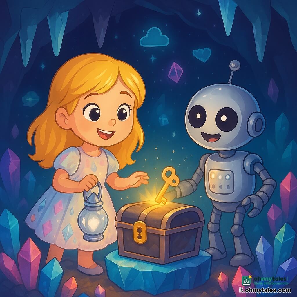 Una bambina di 6 anni, di nome Lina, con capelli dorati e occhi pieni di curiosità, si trova al centro della scena, meravigliata e sorridente. Indossa un vestito leggero dai colori pastello, decorato con motivi di cristalli scintillanti, e tiene in mano una lampada magica che emette una dolce luce argentata. Accanto a lei, un piccolo robot con un occhio rotondo e un corpo in metallo argentato, che sembra gioioso e amichevole, la osserva con ammirazione. Ha braccia articolate e luci lampeggianti sul torso, ed è leggermente inclinato verso Lina, come se fosse pronto ad aiutarla. Lo sfondo è una caverna magica, piena di cristalli colorati che brillano nell'oscurità, proiettando riflessi multicolori sulle pareti. Delle stalattiti di vetro pendono dal soffitto, e ricordi sotto forma di ologrammi fluttuano intorno a loro, creando un'atmosfera incantata e misteriosa. In questa scena, Lina e il robot si preparano ad aprire una misteriosa scatola di metallo, posata su un piedistallo di cristallo. La chiave scintillante è già inserita nella serratura, e una luce dorata inizia a emanare dalla scatola, promettendo ricordi da scoprire e avventure a venire.