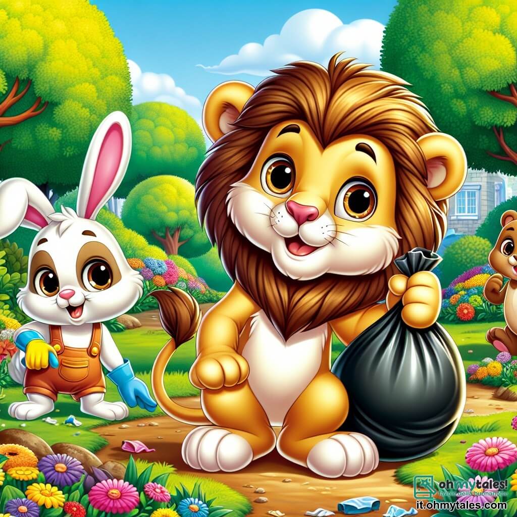 Un giovane leoncino di nome Leo, con una pelliccia dorata brillante e grandi occhi curiosi, sorride con entusiasmo mentre tiene un sacco di rifiuti tra le zampe. È circondato dai suoi amici: Pippo, un piccolo coniglietto dalle grandi orecchie bianche, che guarda con determinazione tenendo un guanto da giardinaggio, e Tina, una piccola orsetta con pelliccia marrone e occhi scintillanti, che pianta fiori colorati nel terreno. La scena si svolge in un parco verdeggiante, pieno di alberi maestosi, fiori multicolore e un ruscello scintillante che serpeggia nel paesaggio. Leo e i suoi amici stanno pulendo il parco, raccogliendo rifiuti e piantando fiori, mentre ridono e si divertono insieme, creando un'atmosfera gioiosa e piena di energia.