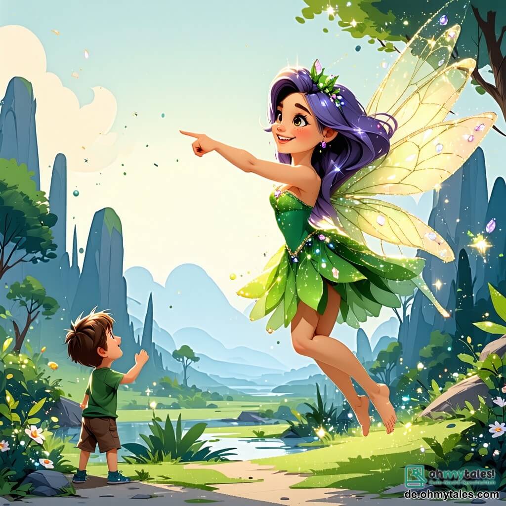Eine kleine Fee namens Lila, mit glitzernden Flügeln wie Diamanten, fliegt fröhlich über eine Oase. Sie hat lange lila Haare, die im Wind wehen, und ein strahlendes Lächeln auf ihrem Gesicht, während sie enthusiastisch in eine Richtung zeigt. Neben ihr schaut ein 8-jähriger Junge namens Leo, mit zerzausten braunen Haaren und neugierigen Augen, bewundernd zu Lila. Er trägt ein buntes T-Shirt und einen kleinen Rucksack und springt auf der Stelle, bereit, sie auf ihrem Abenteuer zu begleiten. Ihre Umgebung ist eine wunderschöne Oase im Herzen einer weiten Wüste, mit grünen Palmen, bunten Blumen und einem klaren Teich, in dem bunte Fische schwimmen. Der Himmel ist strahlend blau, gesprenkelt mit flauschigen weißen Wolken. Die Hauptsituation zeigt Lila und Leo, die die Oase entdecken, während sie sich darauf vorbereiten, einem kleinen verlorenen Kaninchen zu helfen, das sie mit traurigen Augen von einem großen Baum aus ansieht.