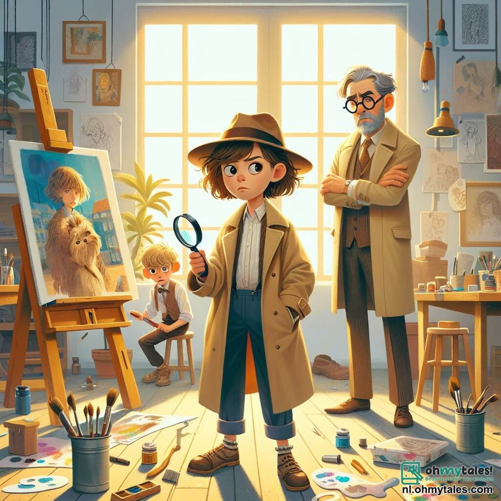 Lotte, een 12-jarig meisje en detective, staat in het midden van de afbeelding met rommelig bruin haar en een grote loep in haar hand. Ze draagt een kleine detectivepet en een beige trenchcoat, met een vastberaden en nieuwsgierige blik terwijl ze de grond afspeurt naar aanwijzingen. Naast haar staat meneer Vermeer, een man van ongeveer vijftig met ronde brillen en een grijsbaard, bezorgd met gekruiste armen en kijkt aandachtig naar Lotte. Een klein jongetje van ongeveer 8 jaar met blond haar staat een beetje op afstand, met een schuldige blik en verf op zijn handen, en kijkt Lotte hoopvol aan. De achtergrond is het atelier van meneer Vermeer, een lichte ruimte vol kleurrijke doeken, verspreide verfpotten en penselen, met een groot raam dat zonlicht binnenlaat. Achterin is een rommelige houten tafel te zien, bedekt met tekeningen en kunstmaterialen. De hoofdactie toont Lotte die het onderzoek uitvoert, de grond afspeurend naar bewijs, terwijl meneer Vermeer haar uitlegt over het verdwijnen van zijn kostbare kleuren, en het kleine jongetje, een beetje nerveus, wacht om te zien of Lotte zijn geheim ontdekt.