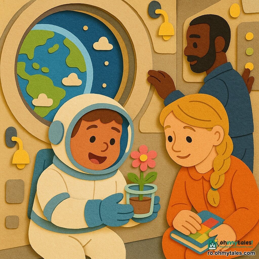 Un astronaut zâmbitor și uimit, cu față rotundă și păr brun scurt sub vizieră, în costum spațial alb și albastru, ține cu grijă o mică floare roz într-un ghiveci transparent lângă un hublou rotund; o colegă de aproximativ 35 de ani cu păr blond împletit, ghemuită lângă el, ține un carnet colorat și privește floarea cu blândețe, iar un coleg de circa 40 de ani, cu barbă scurtă, stă în picioare în spate și verifică butoane luminoase pe un panou gri. Interiorul cabinei este rotund, cu pereți crem mata și panouri simple, un mare hublou arată Pământul albastru-verde cu nori pufoși, și există mici lămpi galbene și cabluri stilizate; scenă caldă și liniștită, lumină blândă din hublou, expresii vesele și binevoitoare, atmosferă sigură și curioasă. Stil vizual: forme tăiate clar, texturi de hârtie, culori pastel vii, umbre simple, contururi groase și detalii grafice lizibile pentru copii mici.