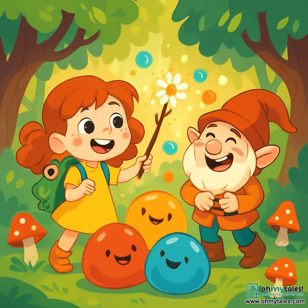 A 6-year-old girl named Millie, with big red curls and rosy cheeks, smiles in wonder. She wears a frog-shaped backpack and holds a magic wand made from a twisted twig, a daisy, and glitter. Next to her, a funny gnome, about 30 years old, with an oversized hat and undersized boots, laughs while holding his belly, surrounded by colorful bubbles floating around them. The setting is an enchanted forest with twisted tree trunks, shiny leaves, and singing mushrooms dancing on the moss-covered ground. Sun rays filter through the foliage, creating a magical and joyful atmosphere. The main scene shows Millie casting a spell with her wand while large colorful jellies, as big as pumpkins, joyfully bounce around her, singing fun melodies.