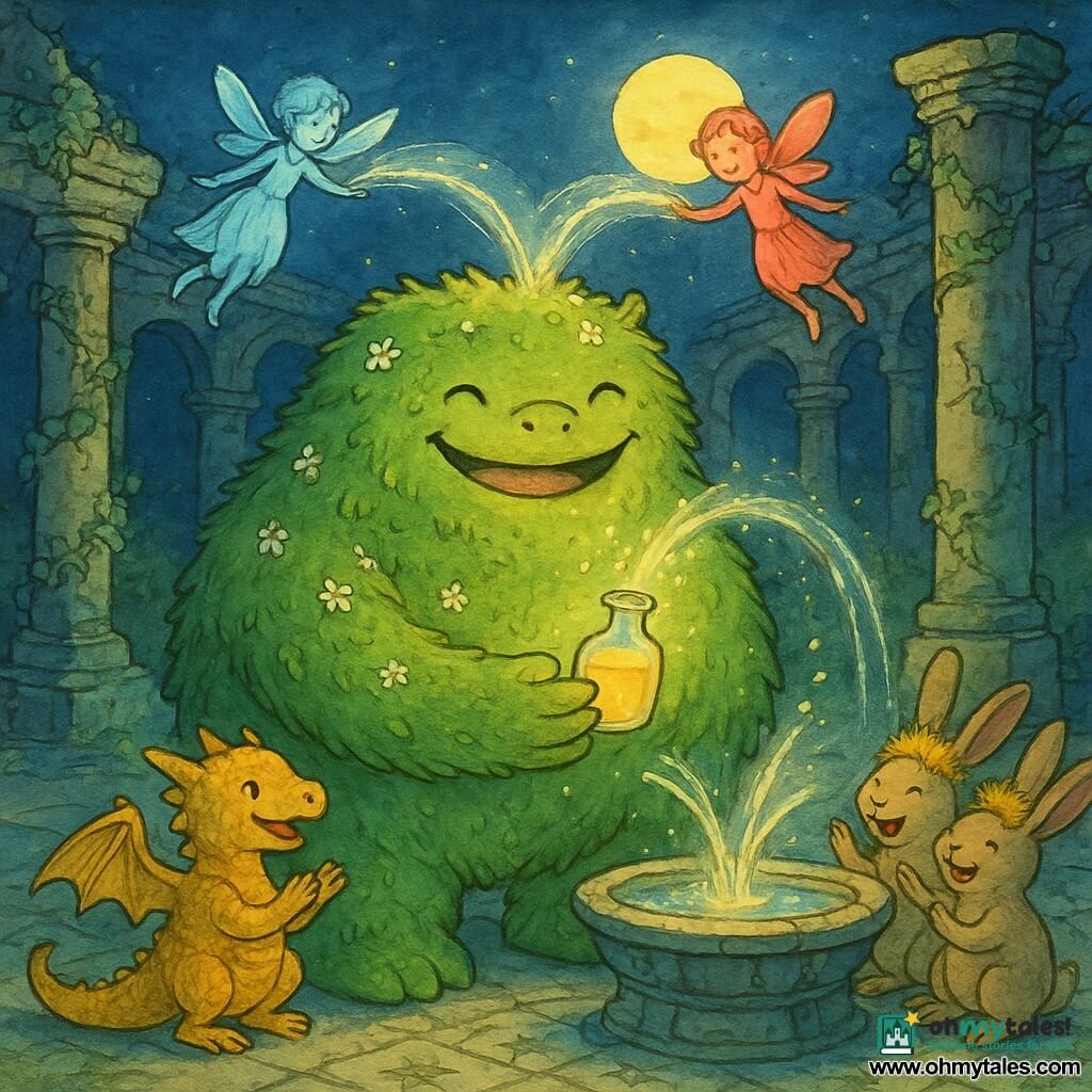 Mossbell, a soft round monster, smiles broadly and appears serene and determined; covered in mossy green fur dotted with small white flowers, tall and stocky, he gently holds a small glowing glass vial on the edge of a fountain. A bread-sized little dragon with golden scales and trembling wings timidly claps and stands in the foreground left of the fountain. Three rabbits wearing dandelion crowns laugh and hide behind a broken column to the right, ears perked toward the monster. Two floating sprites, one pale blue and one coral red, hand in hand above the fountain, watch the scene with relief and tenderness and direct arcs of luminous water together. The place is a circular courtyard of ancient ruins: cracked stone columns wrapped in ivy, worn star-patterned tiles, and a central fountain where water floats in silver arcs, lit by a golden moonlight. Main moment: Mossbell pours the vial’s "joy" into the fountain; a golden cloud spreads, turning the fountain into cascading light, calming the sprites and delighting the gathered creatures.