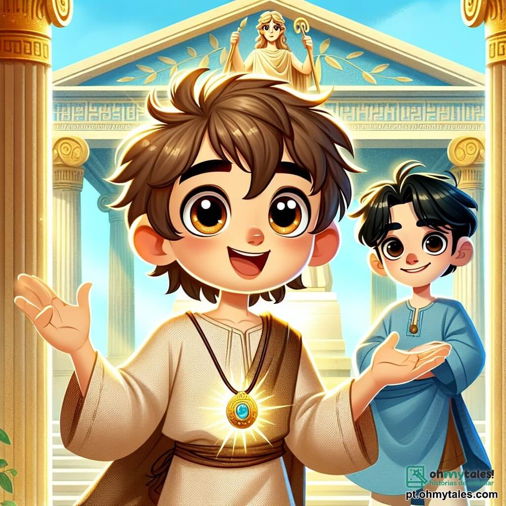 No centro da imagem, Alexios, um menino de oito anos, é representado com cabelos castanhos bagunçados e olhos brilhantes de curiosidade. Ele usa uma túnica simples de linho bege, com um amuleto dourado brilhante ao redor do pescoço. Seu rosto expressa excitação e determinação, enquanto se posiciona diante de uma imponente estátua da deusa Atena, levantando a mão como se tivesse descoberto um segredo mágico. Ao lado dele, Nikos, seu melhor amigo, um garoto da mesma idade com cabelos negros e olhos vivos, observa admirado o amuleto. Ele veste uma túnica azul e parece pronto para embarcar em uma nova aventura, com os braços cruzados e um sorriso no rosto. O cenário é o majestoso Templo de Atena, com colunas douradas e motivos esculpidos que representam cenas mitológicas. A luz do sol filtra através das nuvens, iluminando a cena com um brilho dourado, enquanto pássaros voam sobre os telhados. A cena principal mostra Alexios descobrindo o poder do amuleto, com faíscas de luz mágica emanando de seu corpo, enquanto folhas giram ao seu redor, criando uma atmosfera de encanto e mistério.