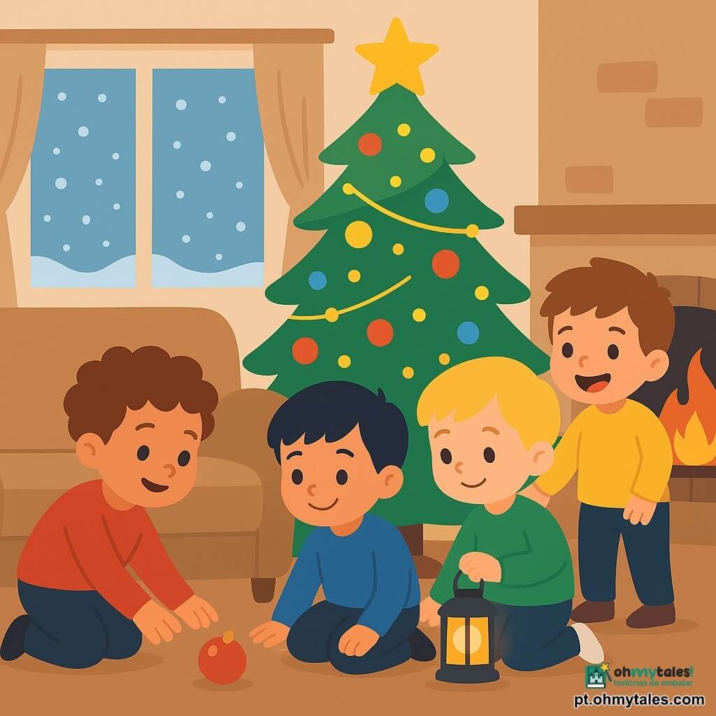 Há 4 crianças: - Um menino chamado Tom, de 4 anos, com cabelos castanhos encaracolados, vestindo um suéter vermelho, agachado perto do sofá, estendendo a mão para uma pequena bola de Natal. - Um menino chamado Léo, de 4 anos, com cabelos loiros e curtos, vestindo um suéter verde, segurando uma pequena lanterna acesa e iluminando debaixo do sofá. - Um menino chamado Nuno, de 4 anos, com cabelos pretos e lisos, vestindo um suéter azul, sentado ao lado de Tom, sorrindo e olhando para a bola de Natal. - Um menino chamado Rui, de 4 anos, com cabelos castanhos despenteados, vestindo um suéter amarelo, em pé atrás de Tom e Nuno, rindo alegremente. O local é uma sala de estar acolhedora e iluminada, com uma grande janela mostrando a neve caindo suavemente do lado de fora. Uma lareira crepita suavemente em um canto, e uma grande e brilhante árvore de Natal decorada com guirlandas luminosas e bolas coloridas se ergue majestosamente no centro da sala. A situação principal mostra as crianças reunidas em torno do sofá, onde Tom recupera uma bola de Natal caída, iluminada pela lanterna de Léo. As crianças estão cercadas por uma atmosfera festiva e alegre, com cores vivas e expressões de felicidade em seus rostos.