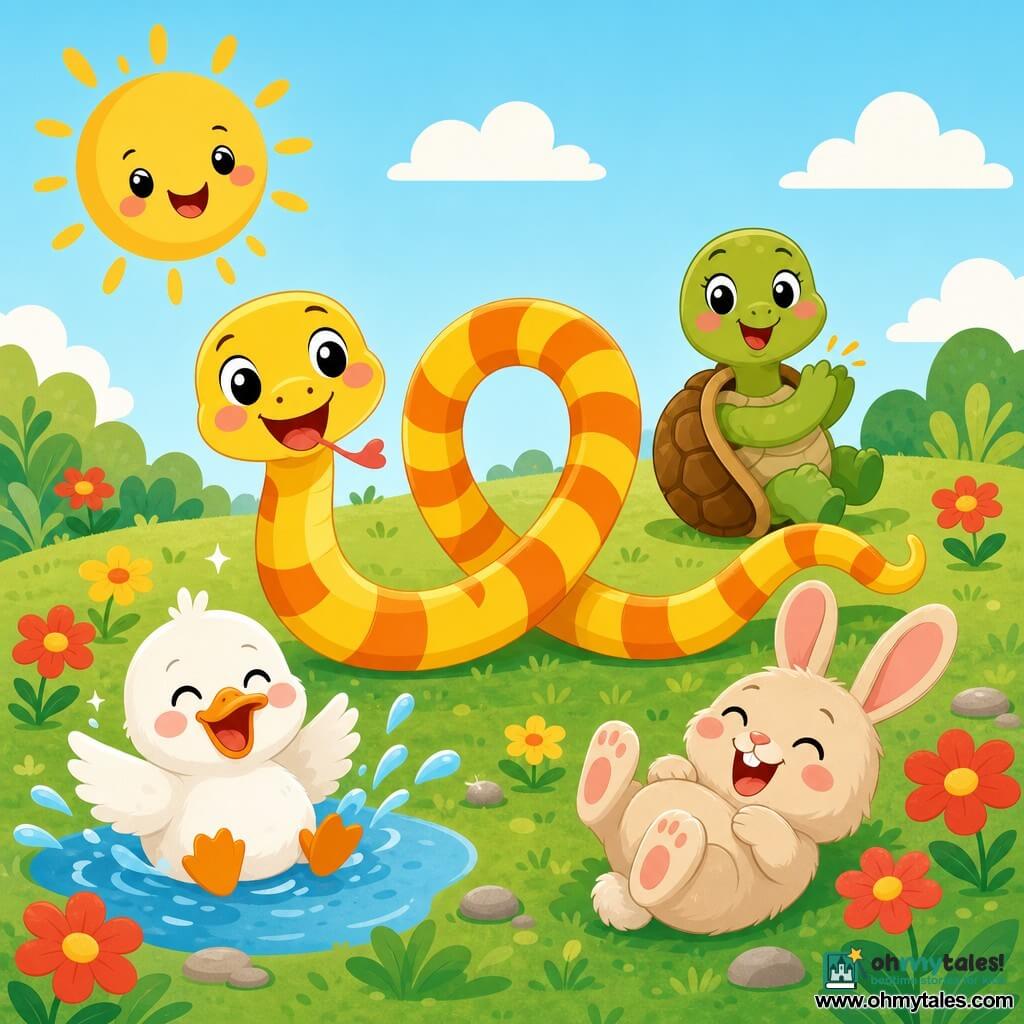 A joyful smiling snake, bright yellow with orange stripes, round shiny eyes and a heart-shaped tongue, making a large wavy loop in the center; a small round duck (Dotty) with white plumage and an orange bill splashes a blue puddle to the snake’s left and laughs with sparkling droplets; a low beige rabbit (Benny) with big pink ears rolls in the grass to the right with laughing eyes; a green turtle (Tilly) with a light-brown shell behind the snake claps with a front leg while turning on its shell; a sunny pastel meadow with textured green grass, simple red and yellow flowers, a few leaves and rounded stones, light blue sky and a smiling sun top-left; main scene: friends in a playful procession imitating the snake’s central wiggle, centered composition, simple shapes, soft outlines and a warm contrasting palette for toddlers.