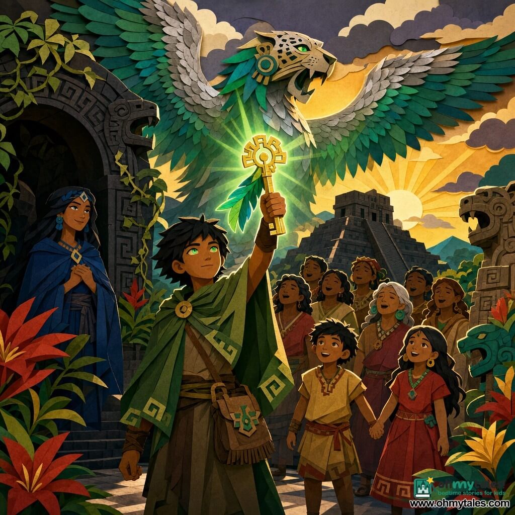 A man, Tlaloc, stands center with a serene, determined face, bright eyes, tanned skin and short black hair, wearing a moss-green cloak and leather satchel while holding aloft a golden fairy-key adorned with quetzal feathers that emits a soft green glow; a mysterious woman (young adult) in a midnight-blue cloak with long black hair watches from the shadow of an obsidian arch to his left, hands clasped and kindly expression; the Guardian, a massive half-jaguar half-eagle creature with iridescent silver scales and emerald feathers, spreads its wings above the plaza with a protective, powerful gaze; a mixed group of villagers stands behind Tlaloc, hands joined and singing, including two children—a smiling 8-year-old boy in an ochre tunic and a 10-year-old girl in a red dress holding hands; the setting is the high plaza of a Mesoamerican city with a black stone pyramid in the background, carved stones, jaguar and serpent statues, vines and red and yellow tropical flowers; the scene captures a sunrise victory with golden light pierced by green rays from the key, dissipating dark clouds, an atmosphere of wonder and unity, strong contrasts and saturated colors in a paper-cutout style.