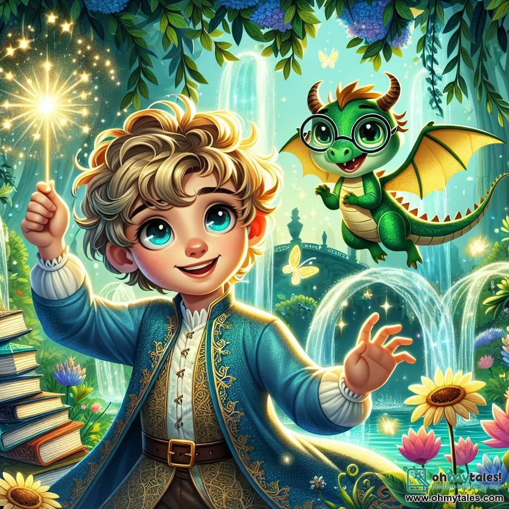 Prince Oliver, a young boy with curly blonde hair, wears a blue tunic adorned with golden patterns. His face radiates joy and determination as he holds a sparkling magic wand in one hand, ready for adventure. Beside him, Draco, the librarian dragon, is a small green dragon with large round glasses. With a mischievous smile, he hovers slightly above the ground, surrounded by floating books that shine brightly. The scene takes place in the royal garden of Eldoria, an enchanting place filled with colorful flowers, sparkling fountains, and majestic trees. Sunlight filters through the leaves, creating a magical and bright atmosphere. In this illustration, Prince Oliver and Draco prepare to search for the missing magic wand, surrounded by floating books and dancing flowers, embodying the spirit of adventure and camaraderie that unites them.
