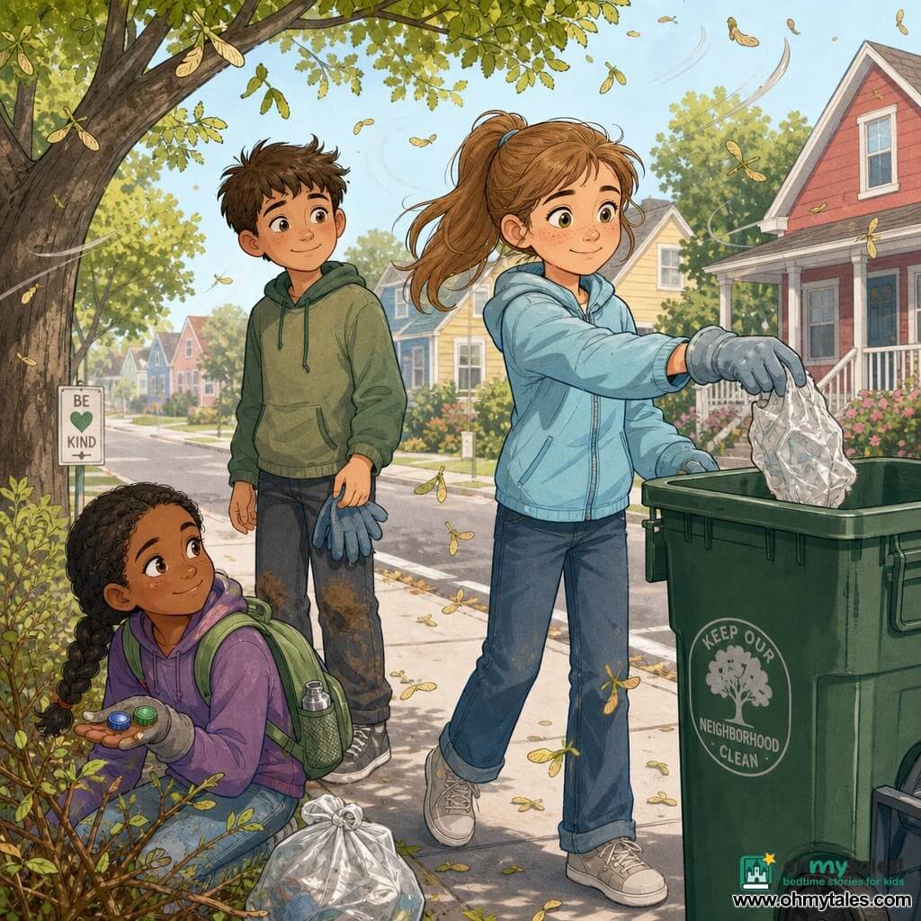 The main girl, about 10, with chestnut hair in a ponytail, bright hazel eyes and a shy proud smile, wears a light blue jacket, jeans and slightly oversized gloves, and reaches to drop a crumpled plastic packet into a green bin. A secondary boy, about 10, with short brown hair and slightly dirty knees, holds a pair of gloves in his left hand and stands behind her with an encouraging smile. Another secondary girl, about 10, with black hair in a braid and a green backpack, kneels by a sparse bush holding two bottle caps in her palm. The scene is a tree‑lined neighborhood street with colorful houses, green leaves and twirling samaras, a clean sidewalk, a municipal green bin and a silver plastic bag near the bush. Main situation: three children collecting litter on a windy afternoon, calm supportive gestures, warm determined expressions, clear bright composition, soft pastel colors, rounded lines and tactile details.