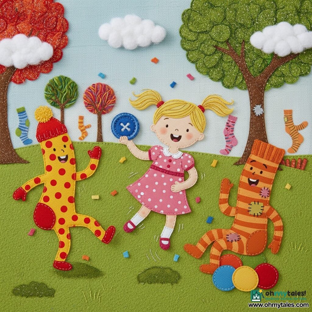 Four-year-old Lucy, smiling and wide-eyed, with blonde pigtails and a pink polka-dot dress, holds a large shiny blue button and hops on one foot; to her left Socky McSocksalot, a big joyful sock covered in red and yellow dots with visible seams and a pompom, dances a step, and to her right Sir Stripes-a-lot, an old orange-and-brown striped sock with patches and mended seams, sits laughing on a pile of colorful balls. The scene is the "Land of Silly Socks": a green felt meadow, multicolored wool trees, cotton clouds, giant dancing socks like flowers, and a sparkling sock tree in the background. Lucy and the socks are mid–"Sock Hop," bouncing together with sewn confetti falling, vivid colors and visible stitching for a tactile, cozy feel.