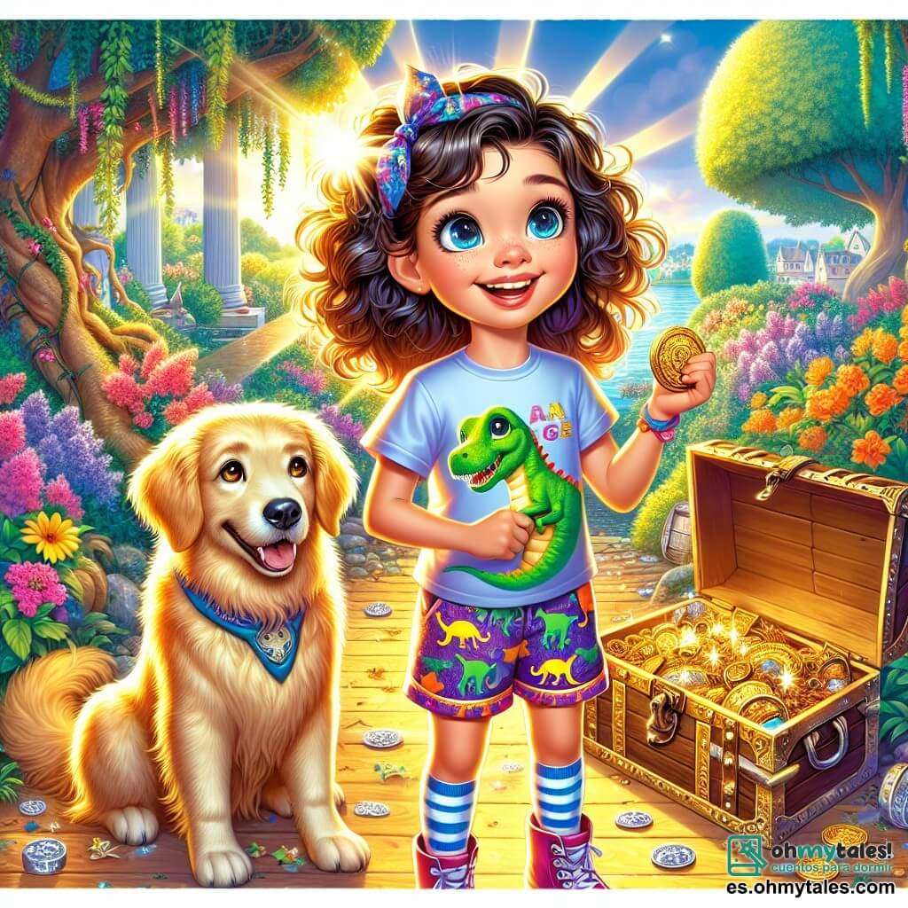 Una niña de 9 años, Valentina, con cabello rizado y brillante, lleva una camiseta con motivos de dinosaurios y pantalones cortos coloridos. Tiene ojos brillantes de emoción y una gran sonrisa, sosteniendo un viejo tesoro de metal en sus manos, con los ojos desmesuradamente alegres. A su lado, su perro Lobo, un golden retriever de pelaje dorado, mueve la cola con entusiasmo, mirando a Valentina con cariño. El escenario es un jardín soleado, lleno de flores coloridas y árboles majestuosos, con un viejo cofre de madera abierto a sus pies, revelando objetos brillantes. La escena principal muestra a Valentina descubriendo un tesoro escondido en su jardín, rodeada de una atmósfera mágica y una luz dorada que ilumina su aventura.
