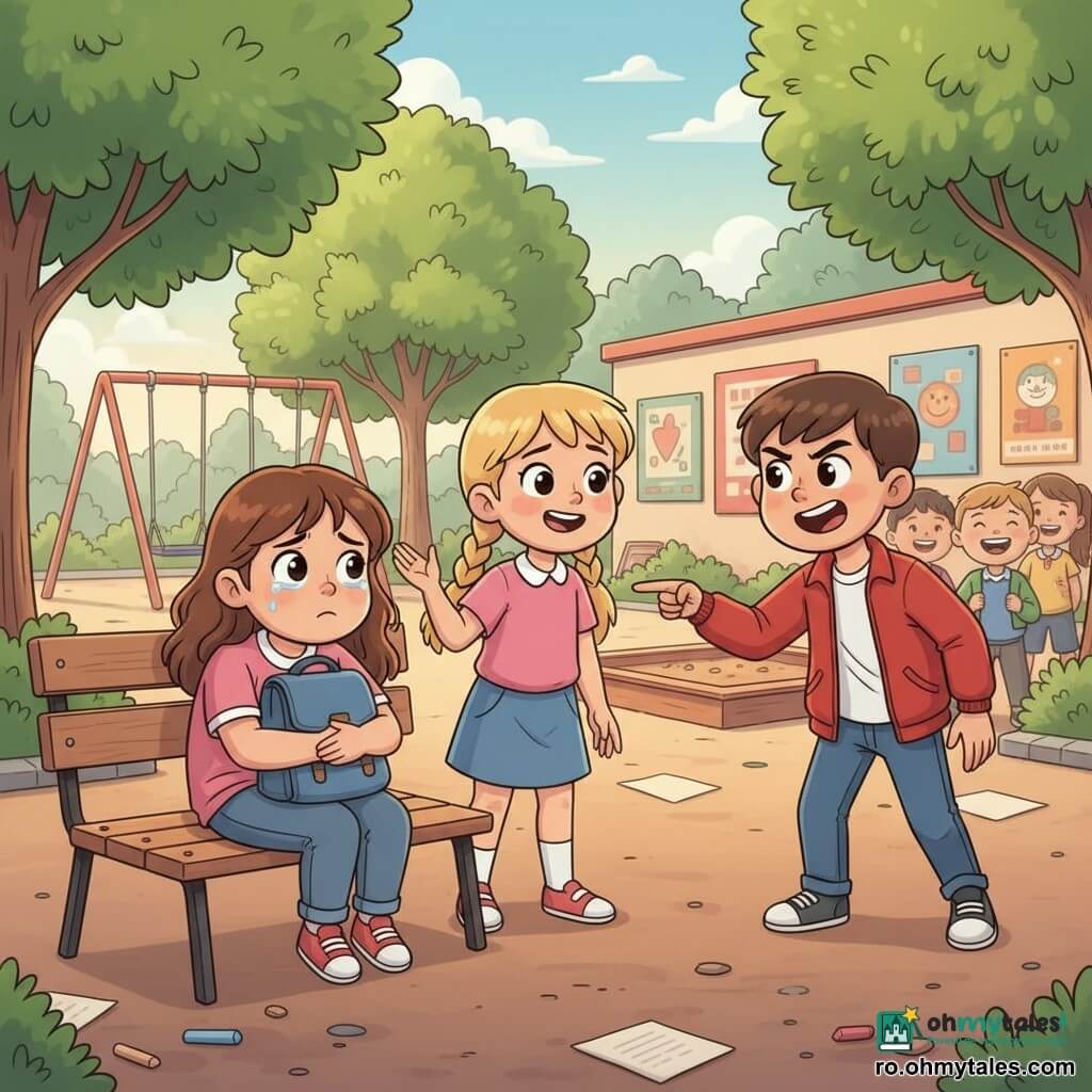 Mia, 8 ani, față rotundă, păr șaten ondulat până la umeri, ochi mari umezi, șede ghemuită pe o bancă de lemn ținându-și strâns ghiozdanul, tristă cu lacrimi; Ana, 8 ani, păr blond în coadă, zâmbet curajos, stă lângă Mia cu braț protector ridicat; Andrei, 9 ani, păr scurt, geacă roșie, postura batjocoritoare, râzând cu alți copii în spate; curtea școlii cu sol asfaltat, balanțe, nisip, copaci verzi și postere colorate pe zid, cretă și foi pe jos; scenă de tensiune în care Mia e ridiculizată și Ana o apără, compoziție centrată, contrast între atitudinea închisă a lui Andrei și blândețea protectoare a Anei, paletă vie și caldă, lumină blândă de seară, stil desen animat anii '90.