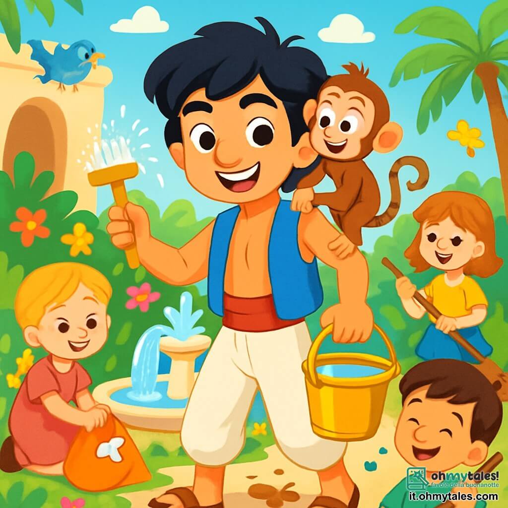 Aladino, un ragazzo con i capelli neri e ricci, indossa un gilet blu brillante e pantaloni bianchi. Il suo viso brilla di determinazione e gioia mentre tiene una scopa scintillante in una mano e un secchio dorato nell'altra, pronto a pulire la fontana. Accanto a lui, Abu, la sua scimmia dispettosa, si arrampica sulla sua spalla, con gli occhi pieni di eccitazione. Intorno a loro, diversi bambini, ragazzi e ragazze di età compresa tra 6 e 10 anni, si muovono gioiosamente. Una ragazza con i capelli biondi intrecciati, vestita con un abito rosa, raccoglie rifiuti con un grande sorriso. Un ragazzo con i capelli castani, indossando una maglietta verde, canta mentre spazza le foglie secche. La scena si svolge vicino a una fontana magica nel centro di Agrabah, circondata da fiori colorati e palme verdi. L'acqua della fontana brilla sotto il sole e gli uccelli cantano sugli alberi. Aladino e i suoi amici stanno pulendo la fontana, trasformando un luogo un tempo sporco in uno spazio gioioso e luminoso, pieno di risate e canti.