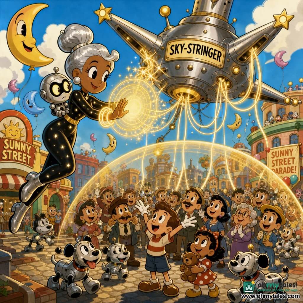 A smiling, serene heroine with cacao skin and a springy silver bun floats above a rooftop in a dark suit speckled with tiny lights, hands open to show luminous bracelets projecting a golden circle; a round silver robot named Pipp with big glowing eyes perches on her right shoulder, looking seriously yet comically at the large central metal machine—the Sky-Stringer with star-shaped arms and suspended light ribbons—on Sunny Street during a parade: cobbled streets, moon-shaped balloons, dancing robot dogs and colorful flat-roofed buildings; a six-year-old boy in the crowd points up excitedly while a five-year-old girl in a polka-dot dress holds a teddy and smiles confidently as the heroine calmly untangles light ribbons, small sparks bounce off a translucent shield and a protective bubble of light descends over the crowd; visual style: warm vivid colors, thick black outlines, exaggerated readable expressions, smooth shiny rubbery textures, joyful reassuring mood.