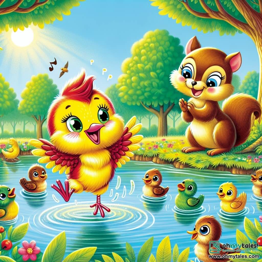 An illustration depicts a small cranberry with bright yellow feathers and a determined look, joyfully dancing on the surface of a pond. Its wings are slightly spread, and it has a radiant smile, showing its self-confidence. Nearby, a small brown squirrel with a bushy tail and sparkling eyes enthusiastically claps, encouraging its friend from a tree branch. In the background, a group of curious ducks and frogs watch the performance with expressions of surprise and wonder. The ducks are in various shades of green and brown, while the frogs are a vibrant green, ready to cheer. The main setting is a sunny pond surrounded by tall trees with lush leaves, shimmering reflections on the calm water, and colorful flowers lining the shore, adding a touch of magic. The scene captures the cranberry's unique dance, celebrating its difference and confidence, while friends cheer in a festive atmosphere, with water bubbles bursting around it, adding dynamism.